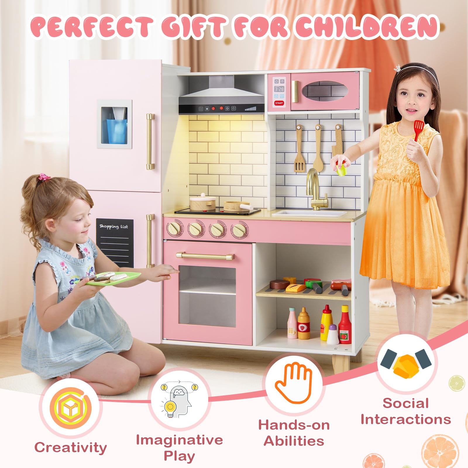 Costzon Wooden Kids Kitchen Playset with BBQ Grill, Ice Maker, Range Hood & Cooking Accessories - Interactive Pretend Play Toy Kitchen with Lights & Sounds, Blackboard - Perfect Gift for Toddlers Ages 3+ (Ideal for Birthday, Christmas & Role-Playing Fun)