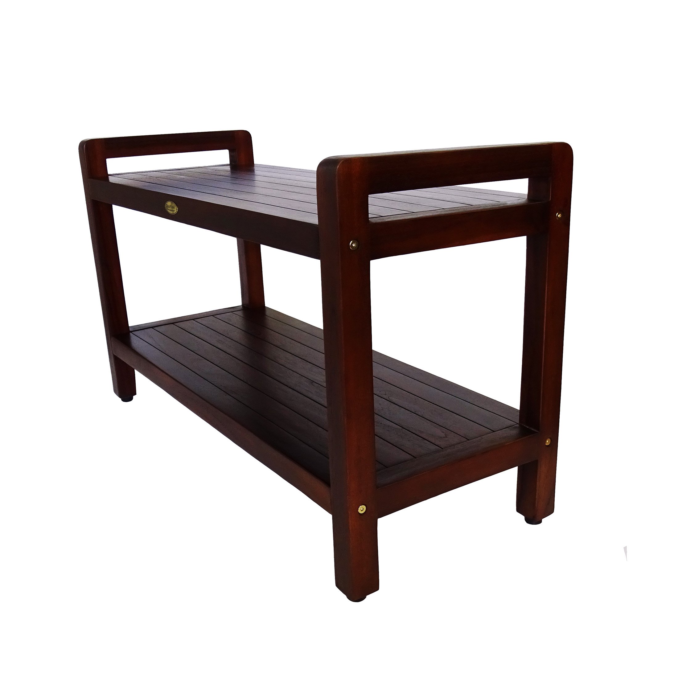 DecoTeak Eleganto 35 Inch Waterproof Teak Wood Shower Bench with Lift Aid Arms - Bathroom Stool Seat & Storage Shelf for Safety & Organization | Perfect for Elderly, Disabled & Spa Showers