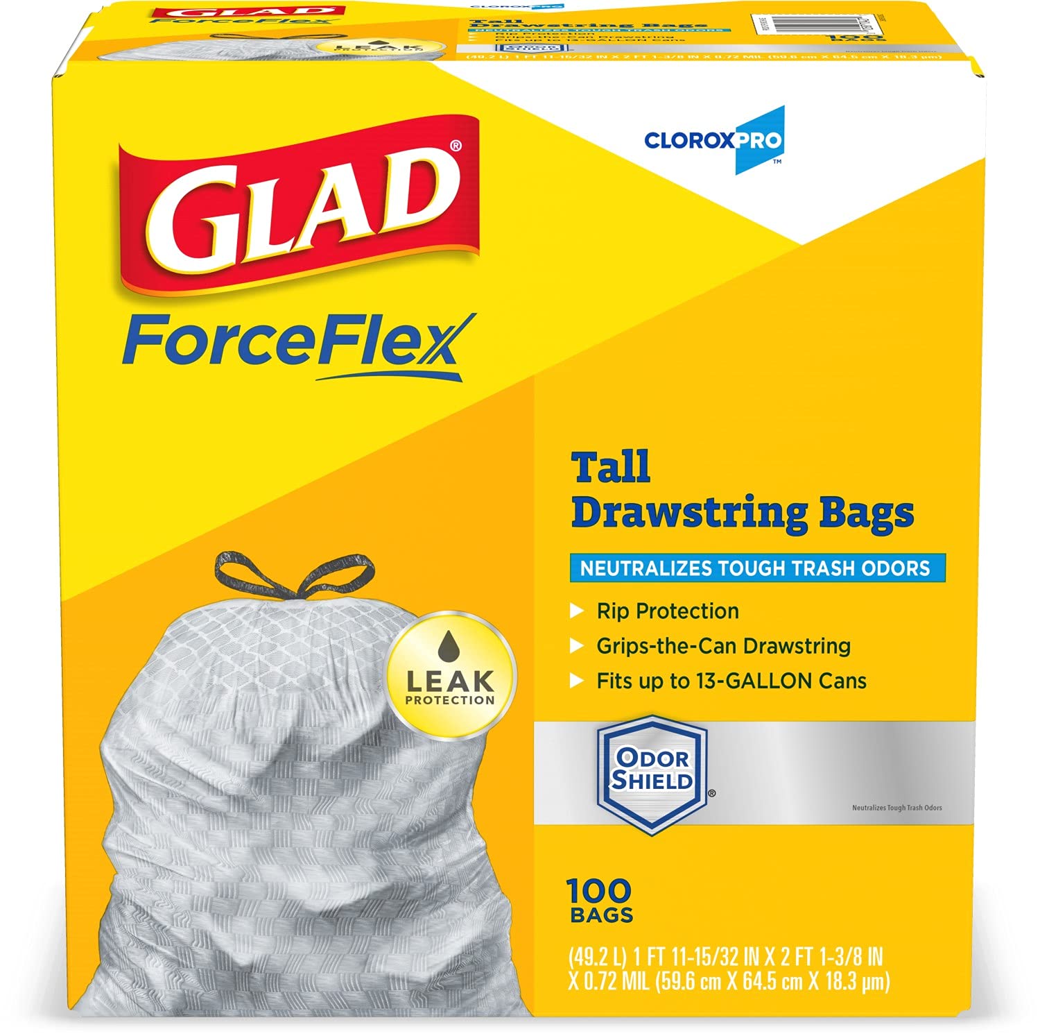 Glad ForceFlex 13 Gallon Tall Kitchen Drawstring Trash Bags - 100 Count, Unscented Heavy Duty Garbage Bags for Tall Trash Cans | Industrial Strength, Leakproof | Perfect for Home, Office & Commercial Cleaning