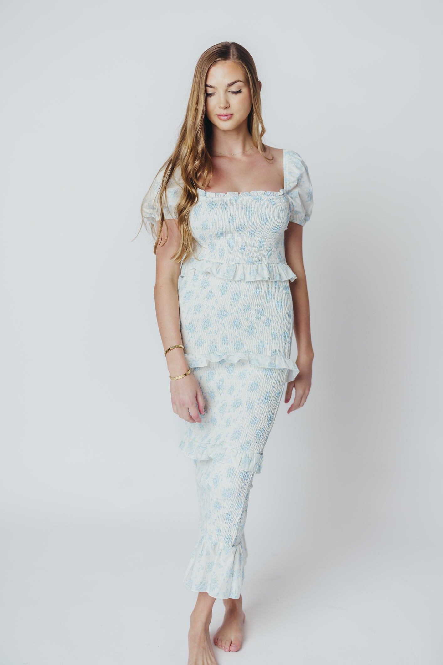 Ada Smocked Dress in Blue Floral - Bump Friendly Maternity Dress with Inclusive Sizing (S-3XL) | Perfect for Baby Showers, Bridal Events & Summer Weddings