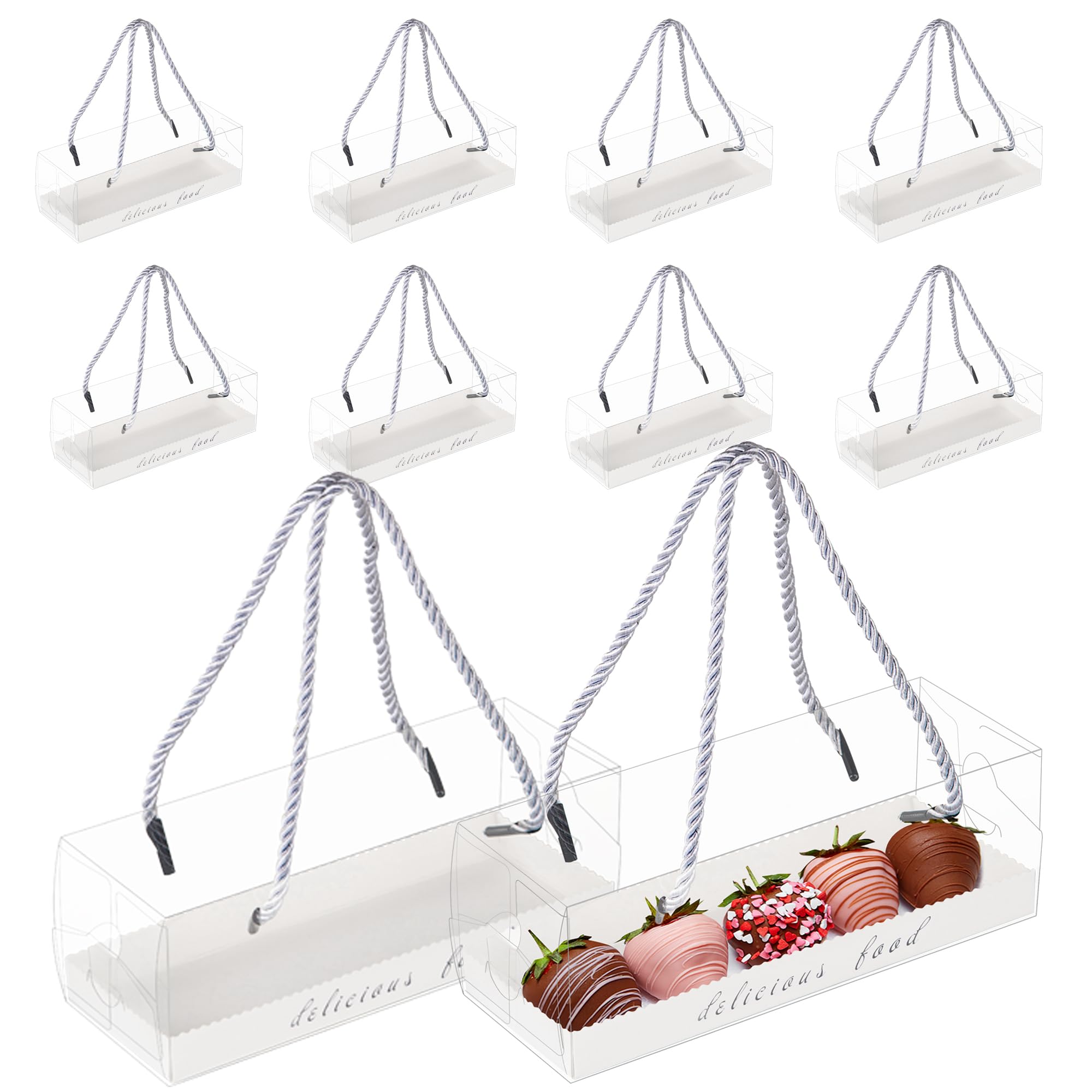 10-Pack Clear Chocolate Covered Strawberries Gift Boxes with Silver Ropes, Portable Macaron Storage Containers, 7.2×2.5×2.5 Inch Cookie Boxes for Macaroons, Candy, Cookies & Chocolate - Perfect for Parties, Weddings & Holiday Gifting