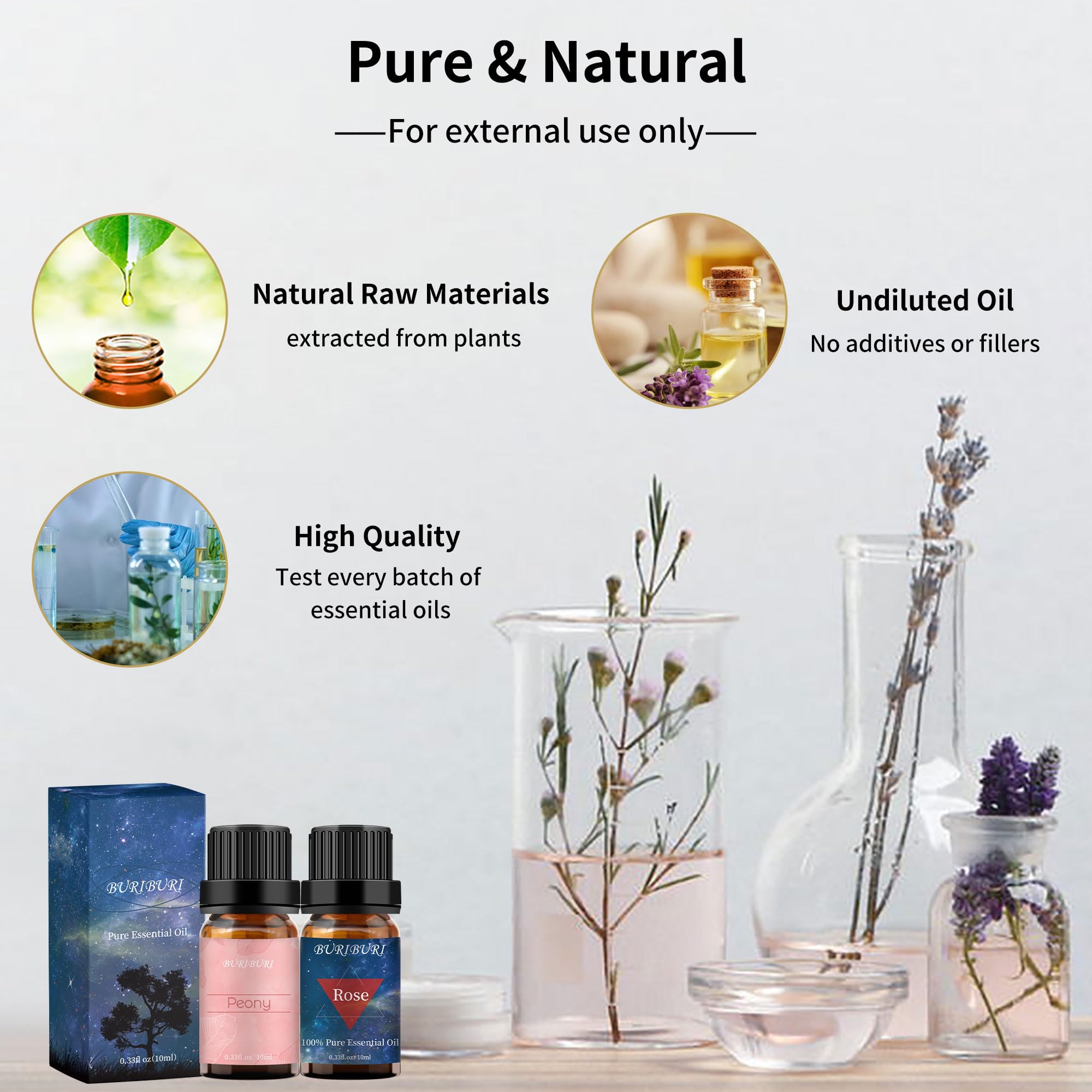 BURIBURI 100% Pure Rose & Peony Essential Oil Set (2 Pack, 10ml Each) - Aromatherapy Diffuser, Massage Oil, Soap Making for Relaxation & Skin Care