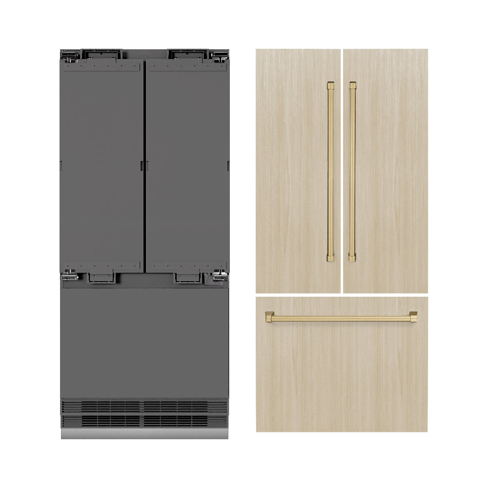 ZLINE Autograph Edition 36 Inch Panel Ready French Door Refrigerator - 19.6 cu ft Built-In Bottom Freezer with Ice Maker & Water Dispenser - Graphite Gray Interior & Champagne Bronze Accents (GRBIVZ 36 CB) - Perfect for Modern Kitchens & Luxury Home Appliances