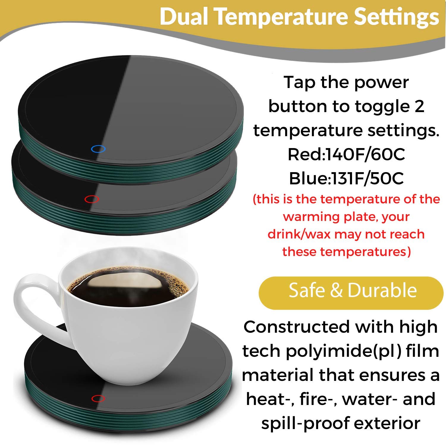 Electric Coffee Mug Warmer for Desk - Adjustable Temperature (120°F-140°F) with 2 Heat Settings - Perfect for Coffee, Tea, Hot Chocolate & Candle Melting - Ideal for Office, Home & Gifts (Mug Not Included)