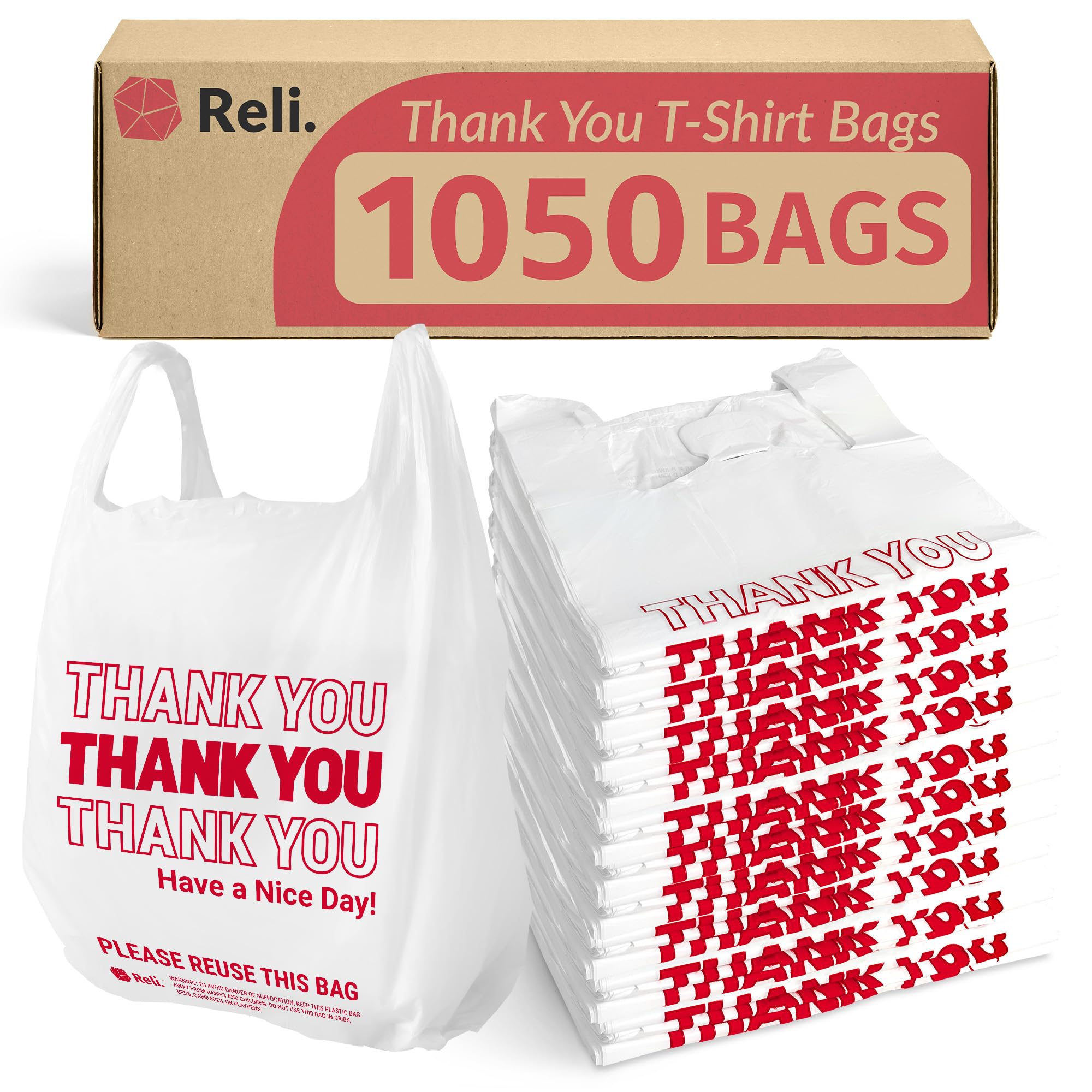 Reliable Plastic Thank You Bags (1050 Count) | White Grocery Bags with Handles | Durable Shopping Bags for Retail Stores, Groceries & Gift Packaging