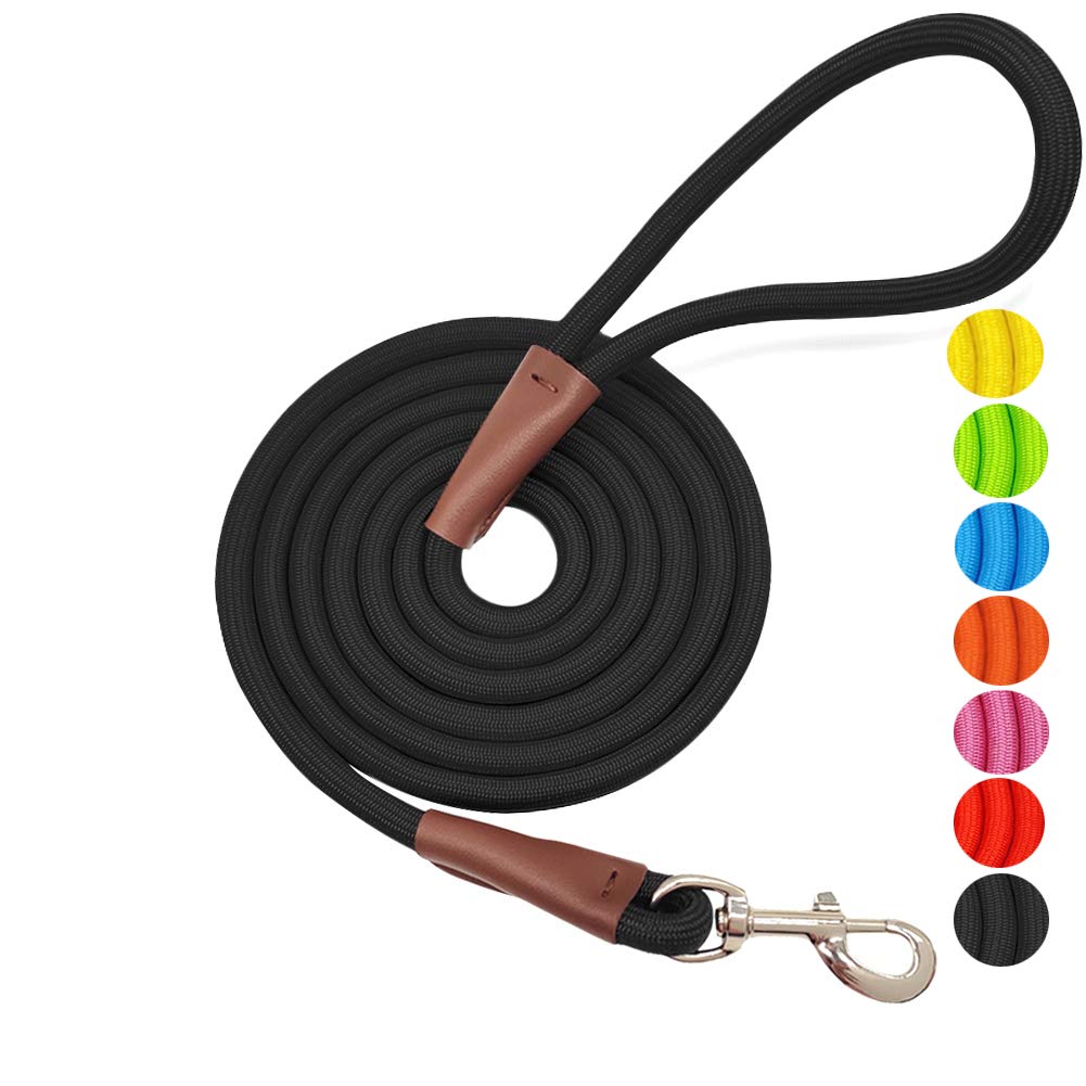 MayPaw 4FT/6FT/8FT/10FT Heavy Duty Dog Leash - Strong Nylon Rope with Leather Reinforced Connection & Silver Clasp - Classic Solid Colors (Black, 6FT x 1/2