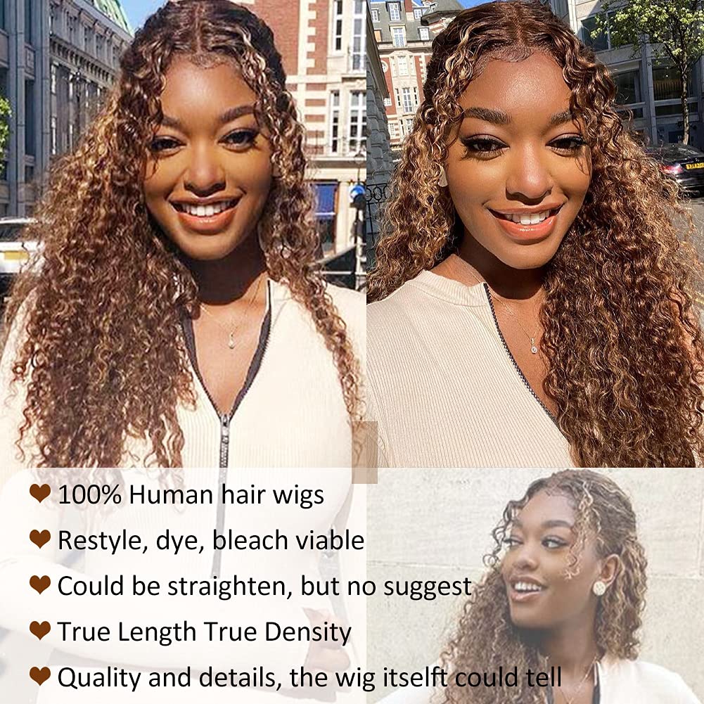 CYNOSURE 13x5 Curly Honey Blonde Ombre Highlight HD Lace Front Human Hair Wig for Women - Invisible Pre-Plucked 18 Inch - Perfect for Daily Wear, Parties & Special Occasions