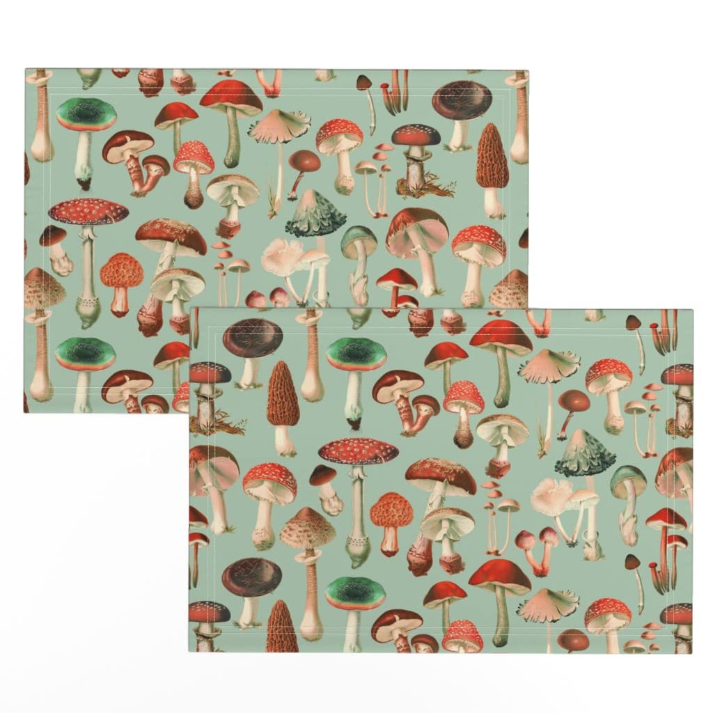 Vintage Mushroom Print Linen Cotton Canvas Placemats Set of 2 - Red Green Nature Forest Woodland Design for Dining Table Decor, Kitchen, Picnic & Holiday Gatherings