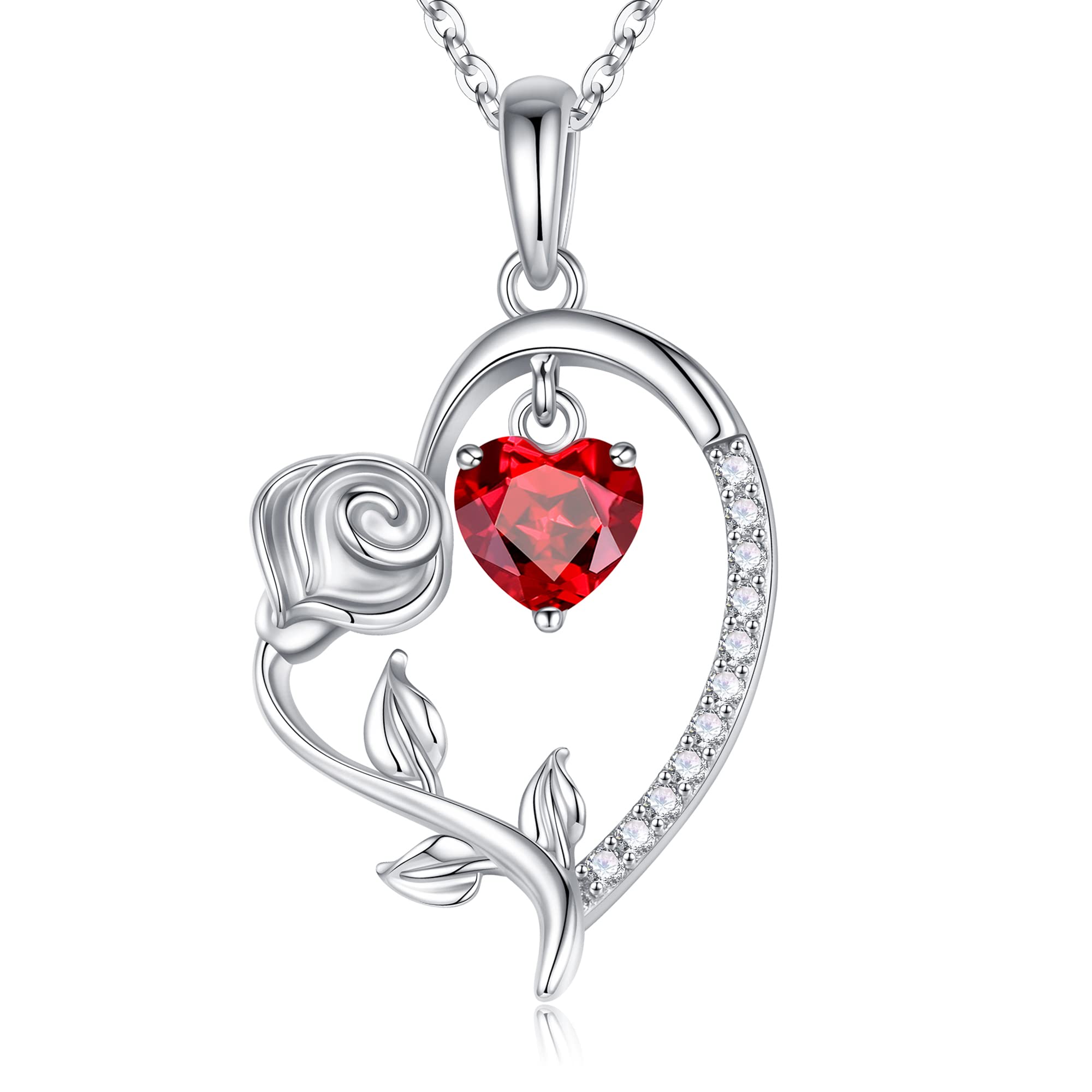 925 Sterling Silver Rose Flower Heart Birthstone Necklace - Personalized Birthstone Jewelry Gift for Women, Girls, Mom, Teen | Valentine's Day, Mother's Day, Anniversary, Christmas & Birthday Gift | Perfect for Everyday Wear, Date Nights & Special Occasions