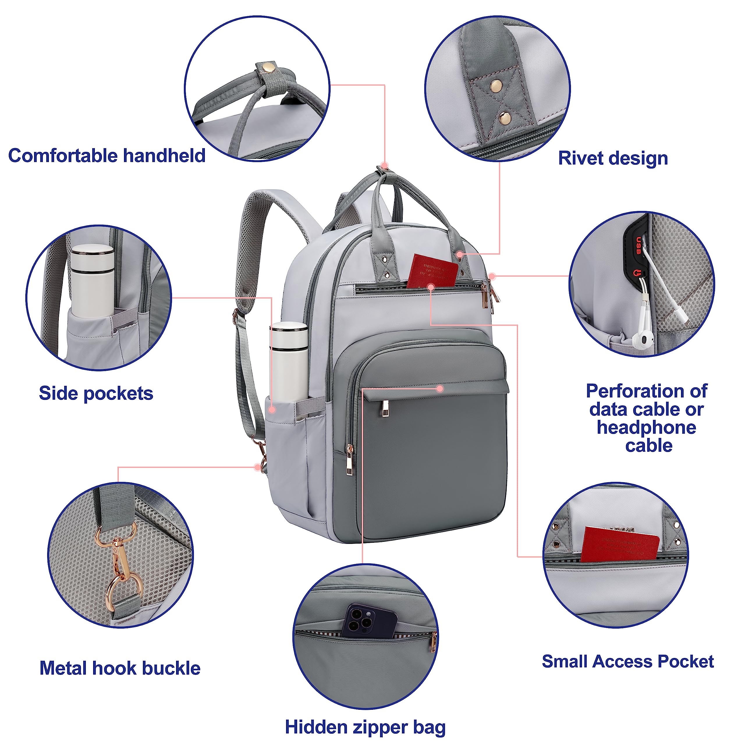 Stylish 17.3 Inch Waterproof Anti-Theft Laptop Backpack for Women - USB Charging Port, Grey-White - Perfect for Work, Travel, Nursing & Teaching Professionals