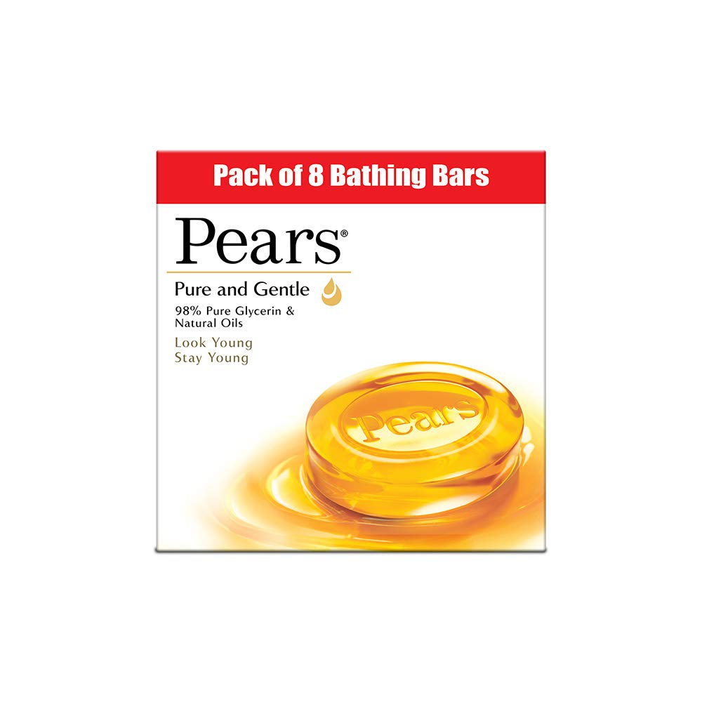 Pears Pure & Gentle Soap Bar (8-Pack) - Glycerin Enriched Moisturizing Bar Soap for Soft, Glowing Skin | Paraben-Free, Vegan | Ideal for Men & Women | Perfect for Daily Bathing, Showering & Sensitive Skin Care