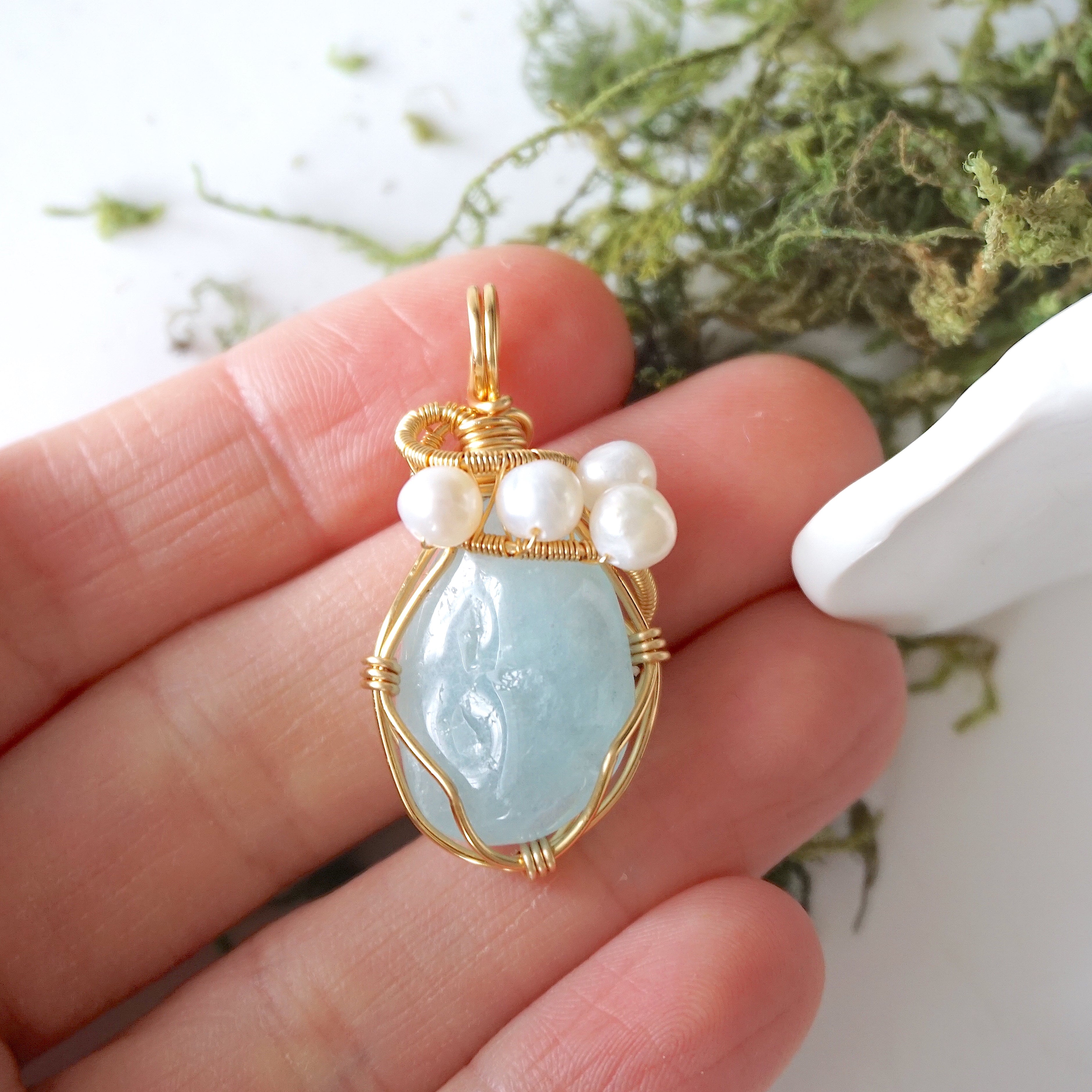 Elegant Aquamarine and Pearl Necklace - 14K Gold Plated Jewelry for Women | Perfect for Weddings, Anniversaries & Special Occasions