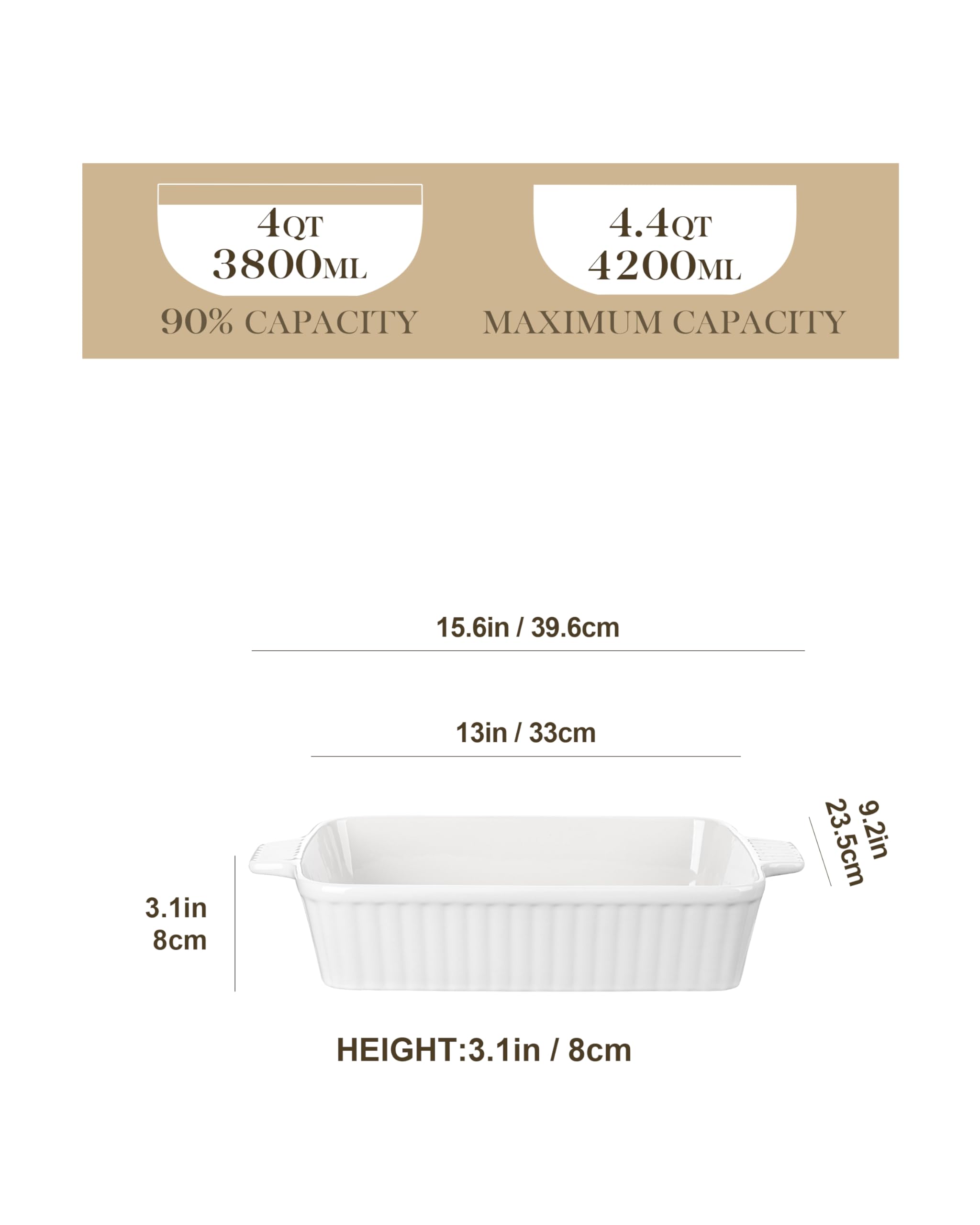 MALACASA 4.4 QT Ceramic Baking Dish - 9x13 Inch Large Rectangular Casserole Pan with Handles, Oven & Microwave Safe White Lasagna Dish for Baking, Roasting & Serving - Perfect for Family Dinners, Holiday Meals & Potlucks