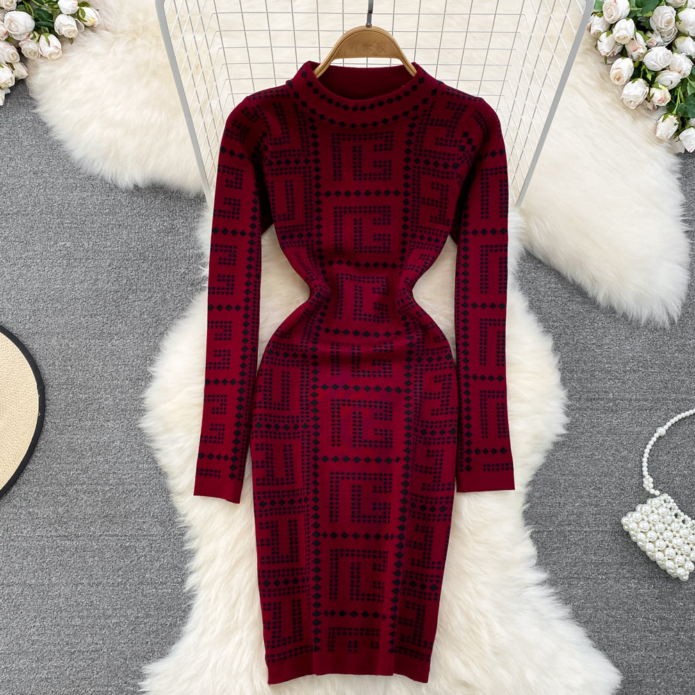 Vintage Knit Sweater Dress for Women - Autumn Sheath Skirt with Long Sleeves | Cozy Fall Outfit for Office, Date Night & Casual Wear
