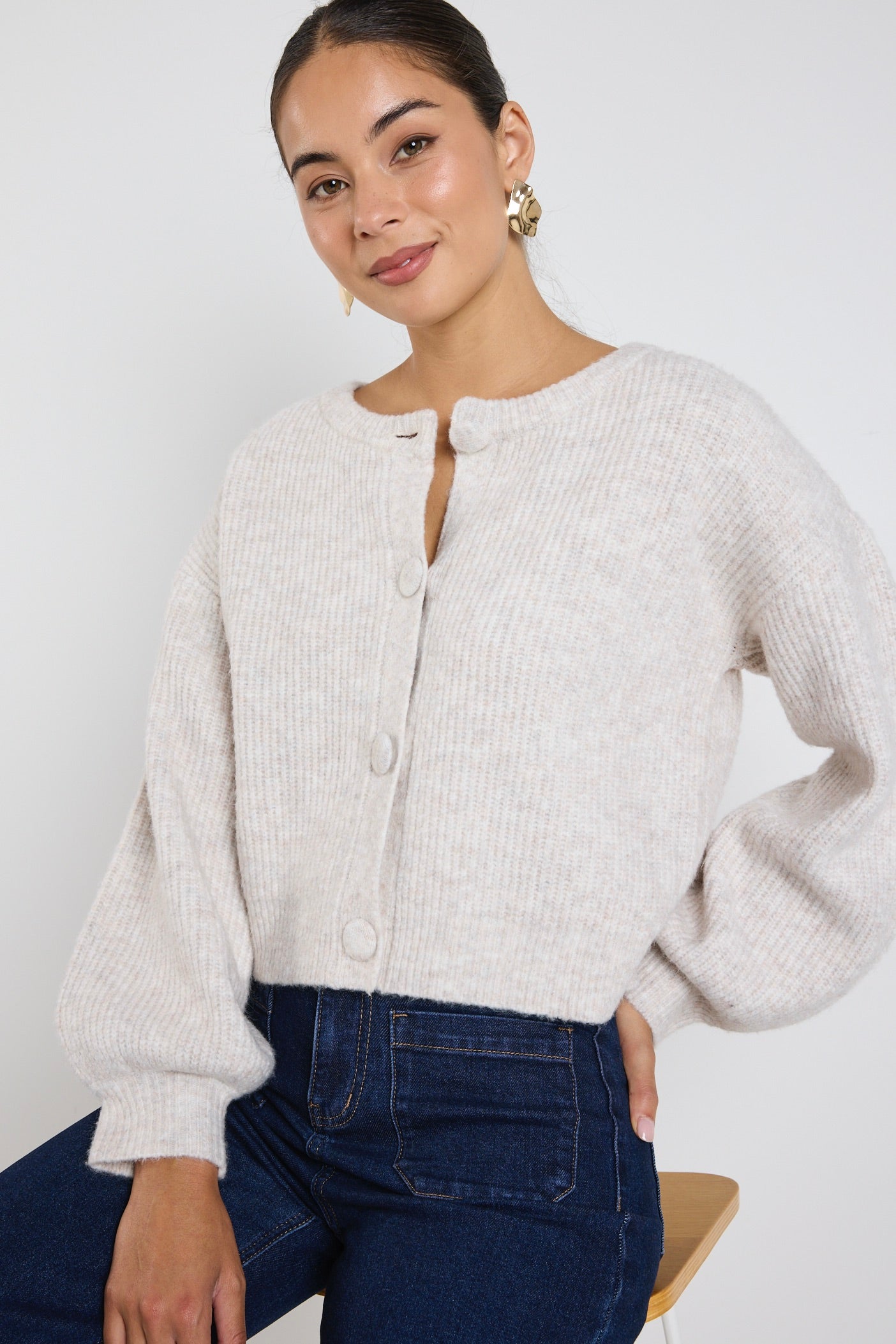 Authentic Oat Marle Chunky Knit Crewneck Cardigan Sweater - Cozy Winter Wear for Women | Perfect for Casual Outfits, Office & Date Nights