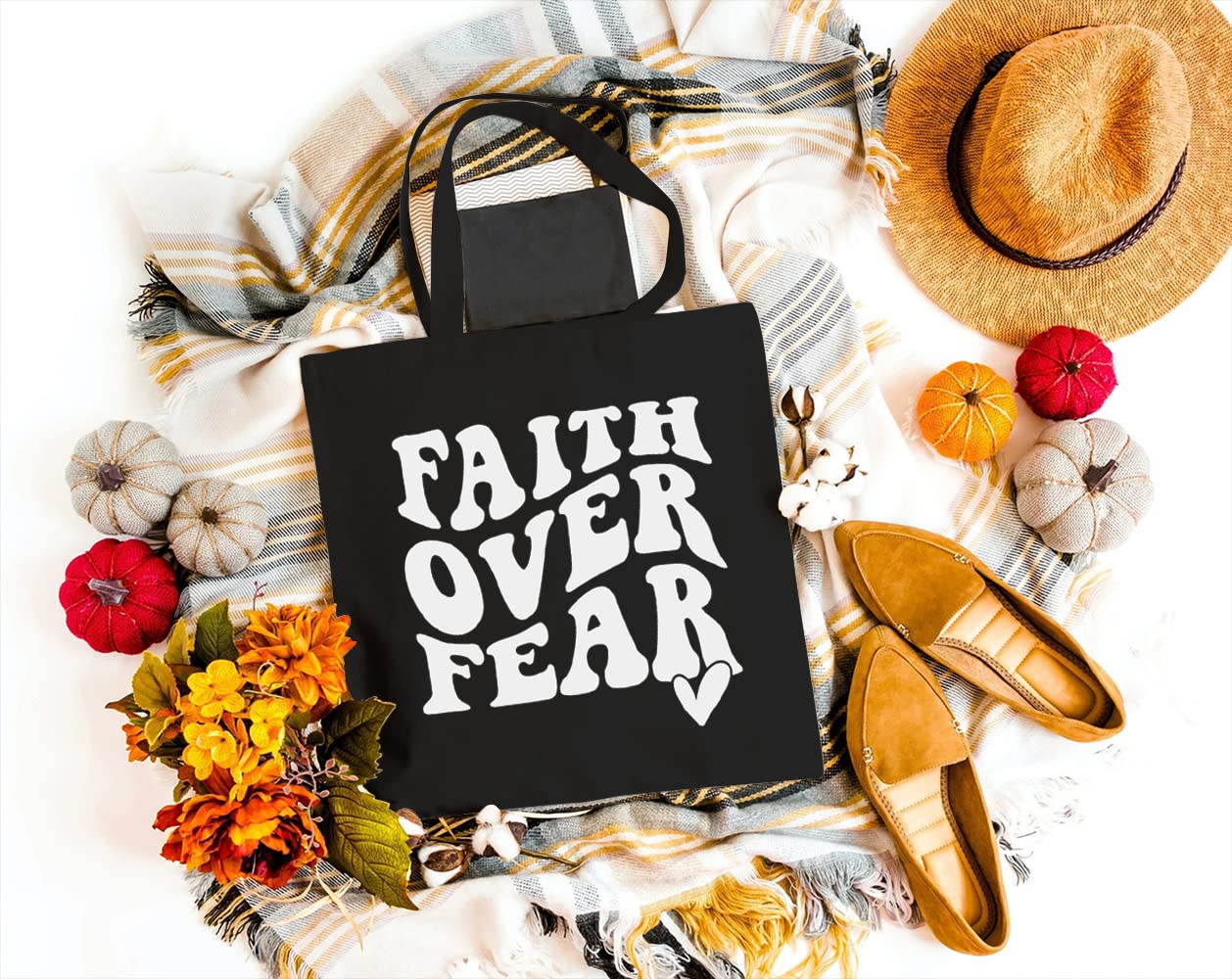 Faith Over Fear Motivational Canvas Tote Bag - Reusable Grocery Shopping Bag for Women, Christian Inspirational Gift - Perfect for Church, Bible Study & Daily Errands