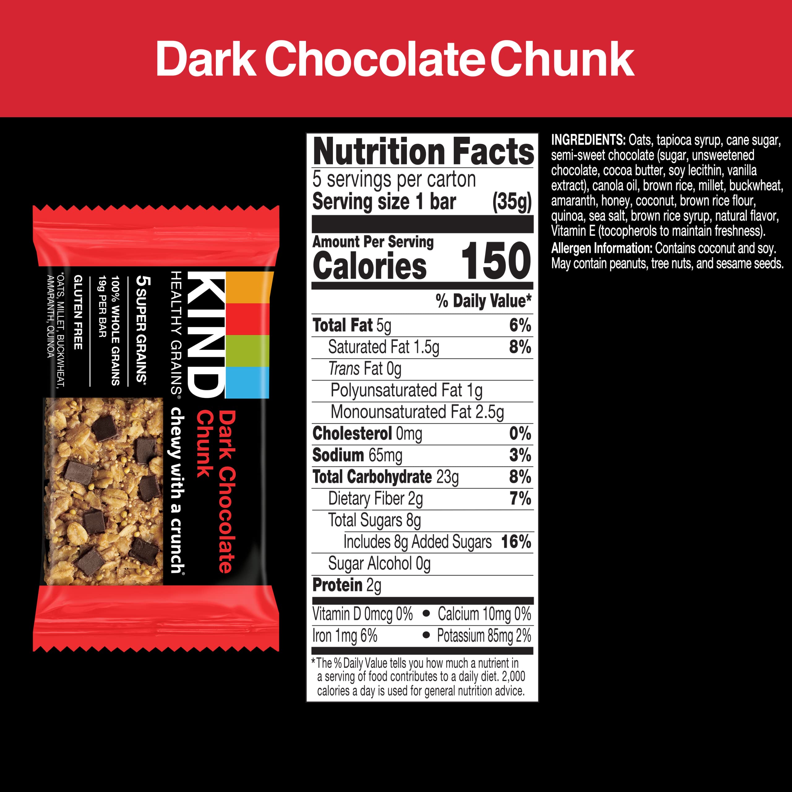KIND Healthy Grains Dark Chocolate Chunk Bars - Gluten Free Snacks, 1.2 Oz (40 Count) - Perfect for On-the-Go Breakfast, Office Snacks & Healthy Desserts