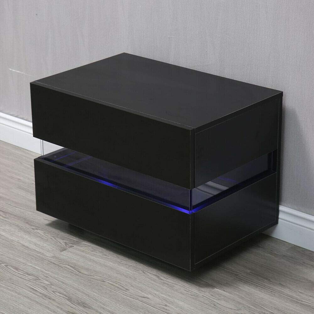 Modern LED Nightstand with USB & 2 Drawers - Bedside Storage for Home/Hotel (Black)