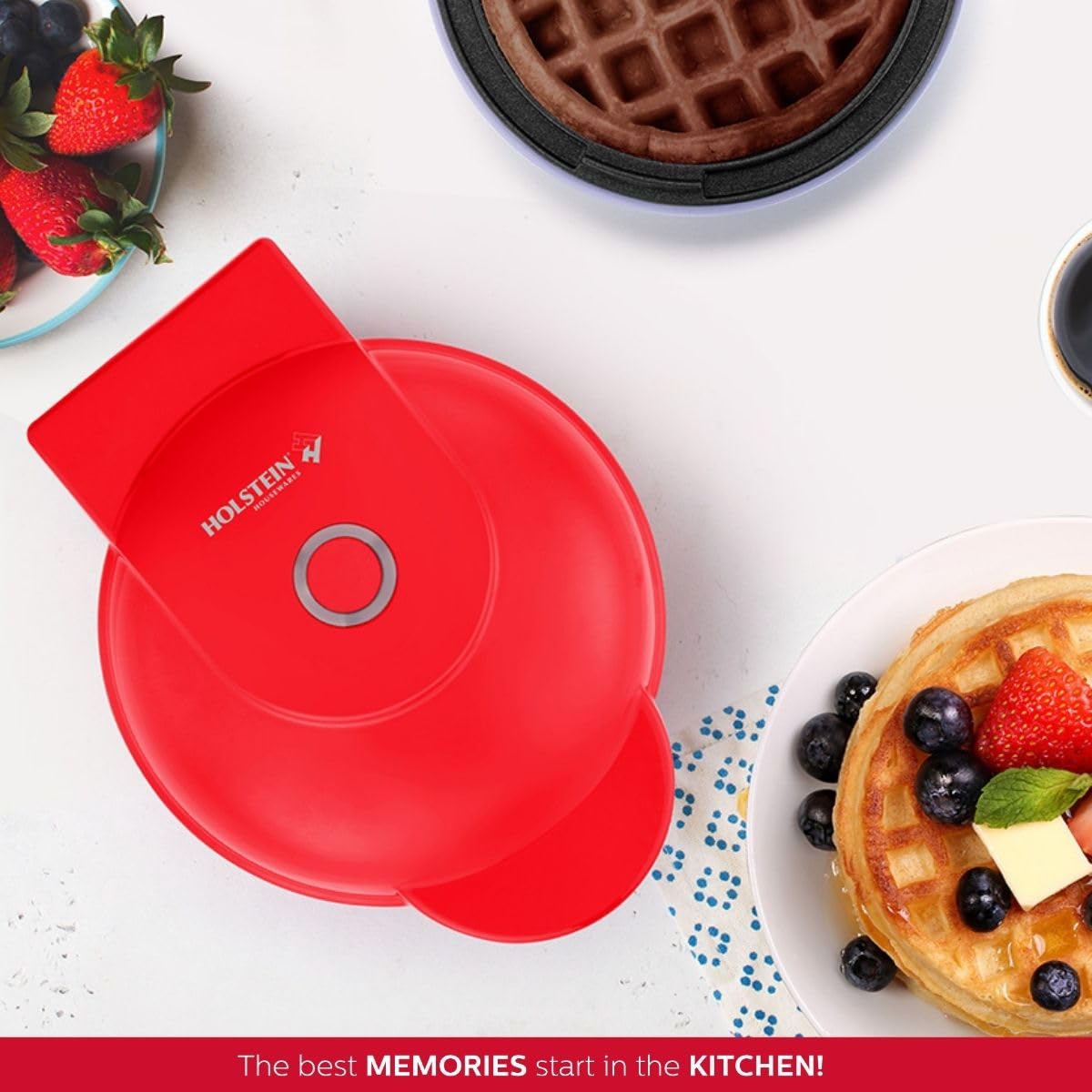 Holstein Housewares Mini Waffle Maker - 4 Inch Non-Stick Waffle Iron for Quick Breakfast, Brunch & Snacks | Perfect for Dorms, Offices & Small Kitchens | Red Compact Waffle Maker (Personal Size)