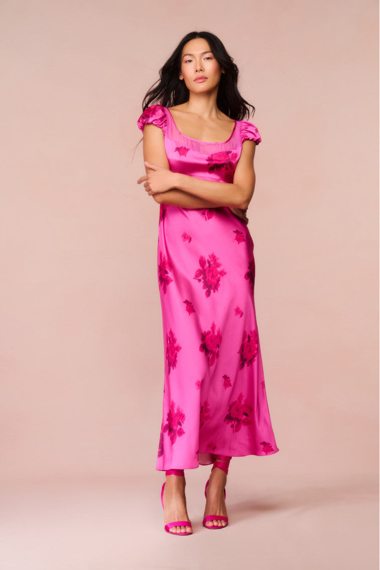 Floral Satin Maxi Dress for Women - Elegant Long Flowy Dress with V-Neck & Side Slit, Perfect for Weddings, Parties & Summer Vacations