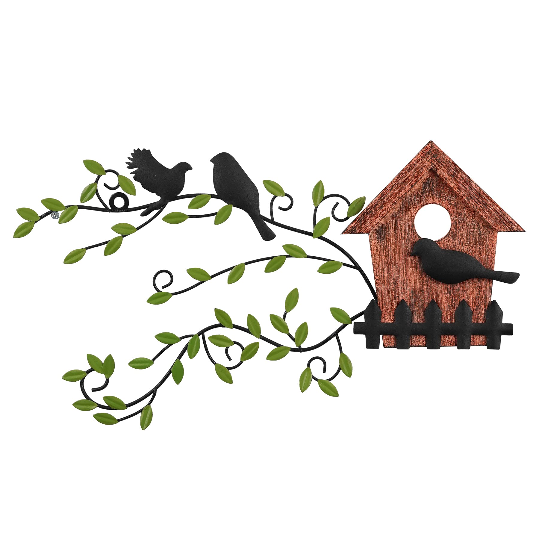 AHUONEL Metal Bird Wall Art Decor - Handcrafted Tree Leaves Wall Sculpture with Wooden Birdhouse for Indoor & Outdoor Garden, Yard, Fence, Park - Rustic Brown Home Accent for Living Room, Patio, and Backyard Decor
