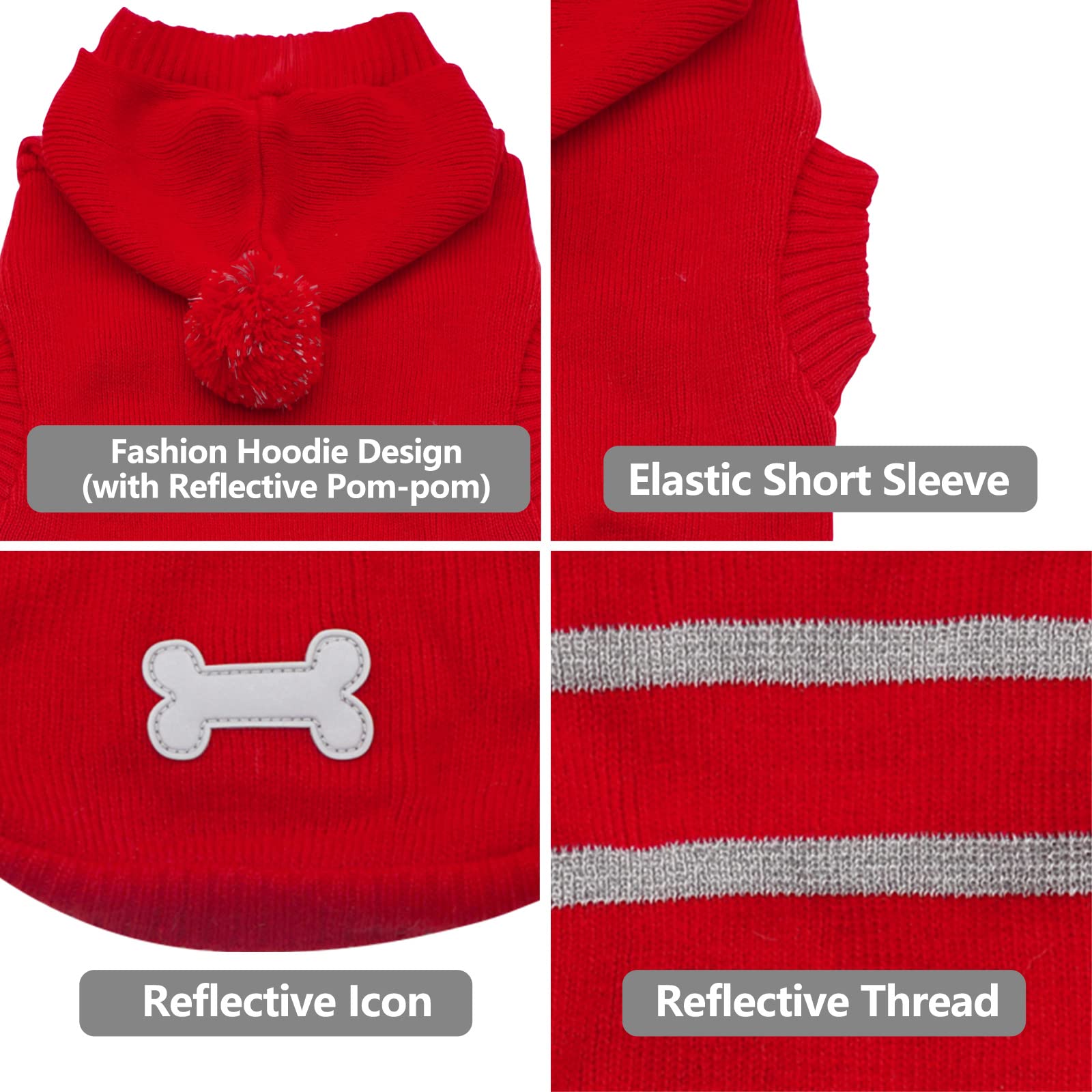 KYEESE Reflective Christmas Dog Sweater with Leash Hole - Warm Red Knit Hoodie Pullover for Small Dogs - Perfect for Winter Walks & Holiday Photos (Red, Size S)