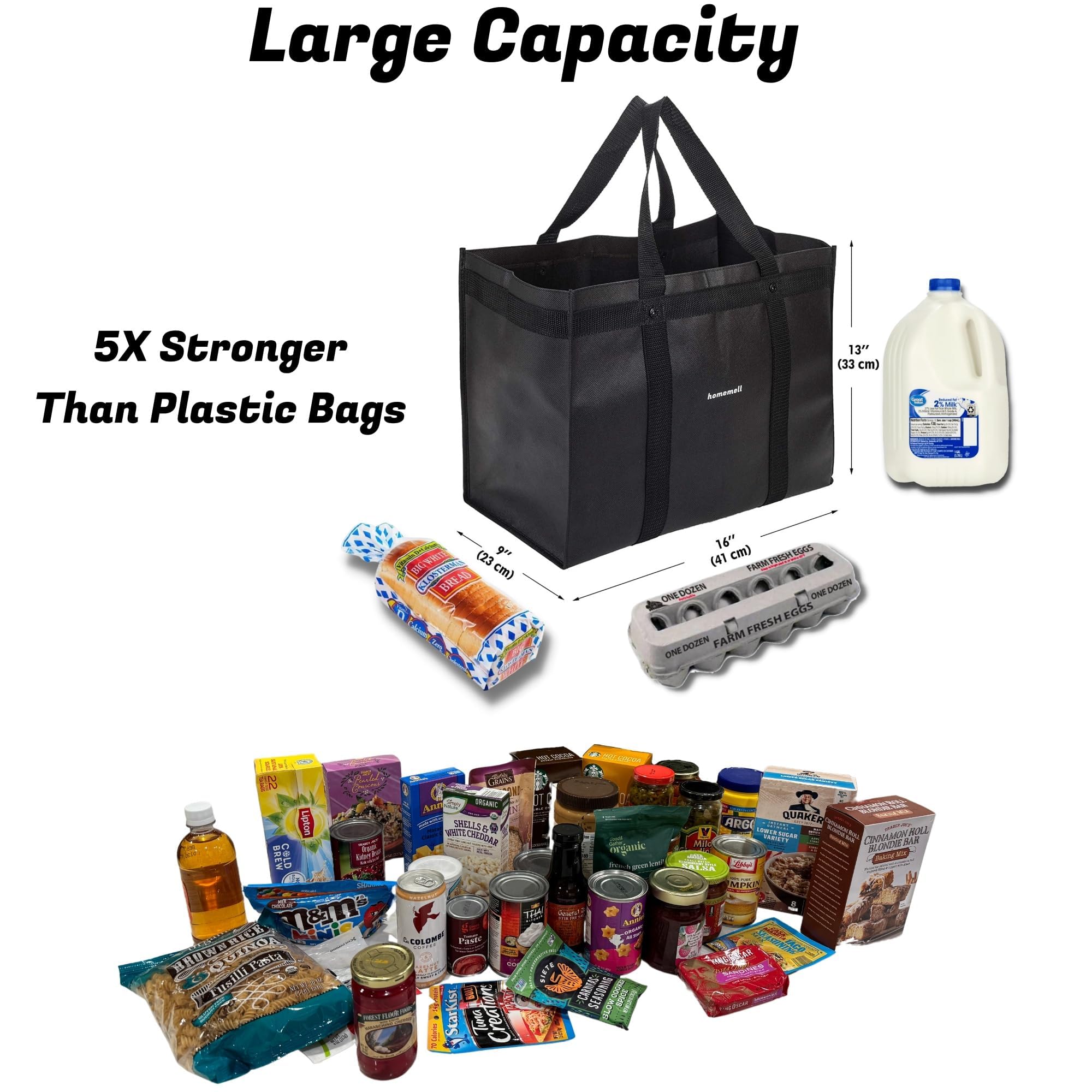 Homemell Heavy Duty Reusable Grocery Bags - Large Collapsible Tote Bags Holds 100 lbs - Extra-Strength Premium Material (Black, 4-Pack) - Perfect for Shopping, Travel & Storage