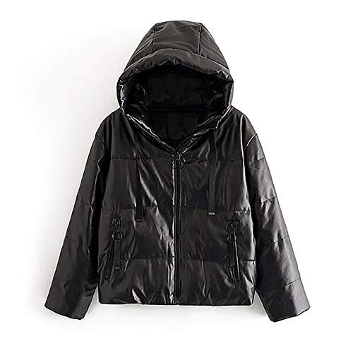 Women's Thick Warm PU Faux Leather Padded Winter Coat with Hood - Long Sleeve Zippered Jacket Parka with Pockets for Outdoor Activities, Black, Size S | Perfect for Cold Weather, Snow Sports & Daily Winter Wear