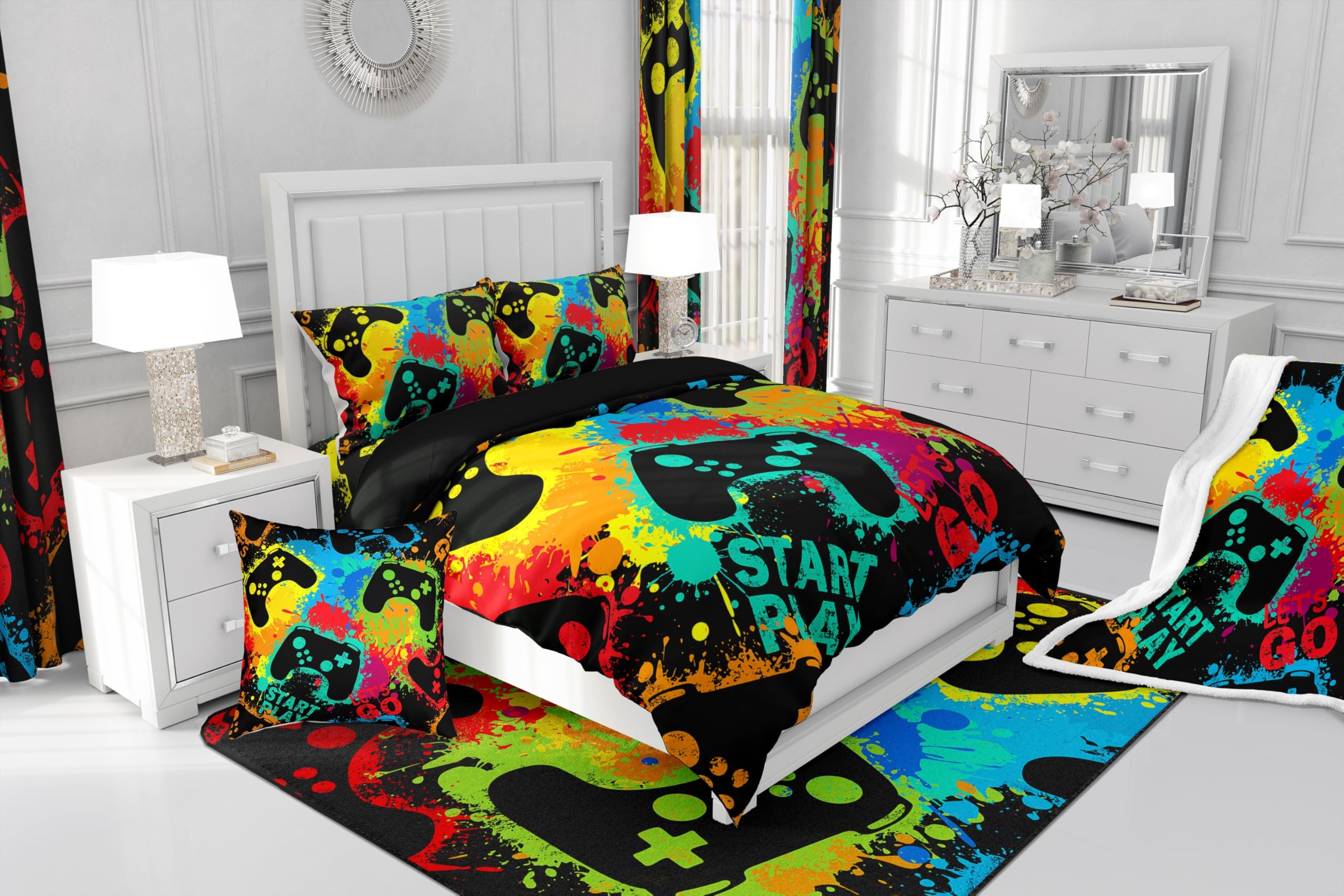 Erosebridal Girls & Boys Full Bedding Set - Gaming Comforter Set for Toddlers & Kids, Watercolor Gamer Bedding Collection | Perfect for Kids' Bedrooms, Sleepovers & Gaming Themed Rooms