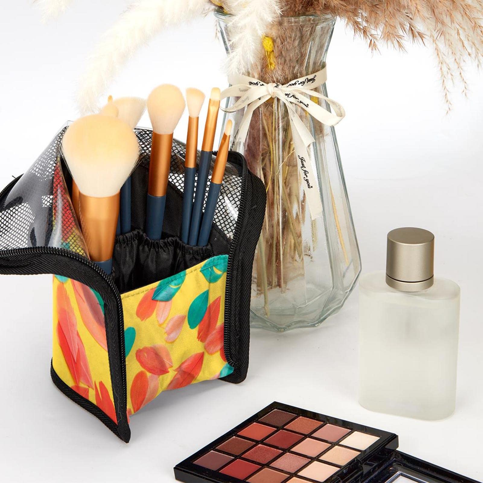 Portable Makeup Brush Organizer Bag with 12 Slots - Colorful Feather Design Travel Makeup Brush Holder Case for Professional Artists & Beginners - Perfect for Travel, Home Vanity & Salon Use