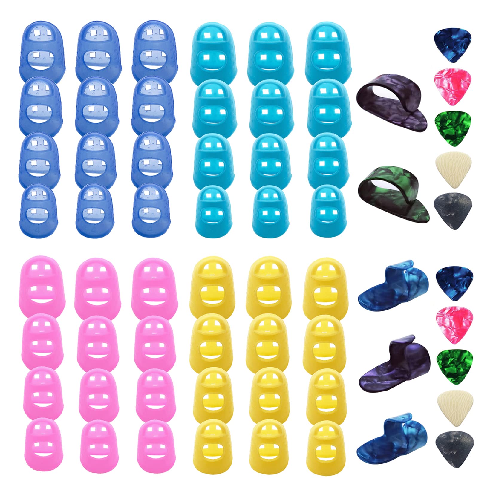 48Pcs Silicone Guitar Finger Protectors - 4 Sizes Finger Guards with 5Pcs Thumb & Forefinger Picks + 10 Guitar Picks for Ukulele, Electric Guitar - Perfect for Practice, Beginners & Long Playing Sessions