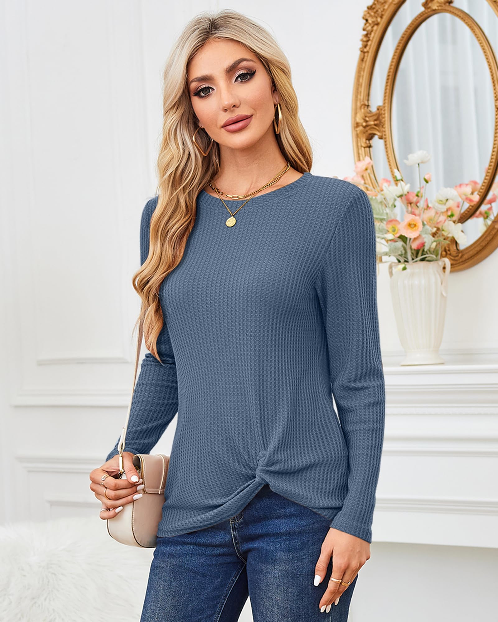 MISFAY Women's Casual Long Sleeve Twist Knot Waffle Knit Shirt - Cute Tops for Fall & Winter - Perfect for Office, Date Night & Weekend Outfits