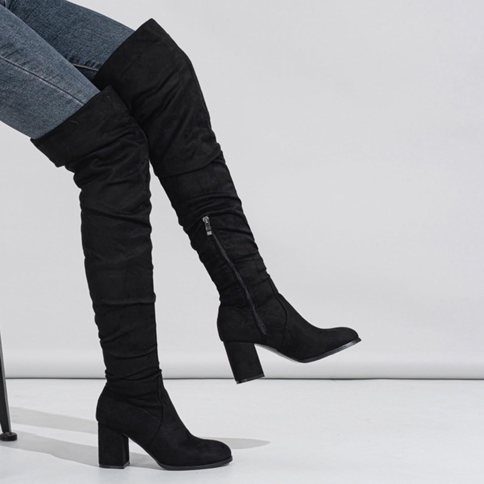 Women's Black Platform Knee High Boots - Thick Heel Over Knee Pleated Suede Long Boots & White Ankle Trainers (UK Size 5) | Fashionable Footwear for Parties, Night Out and Winter Style