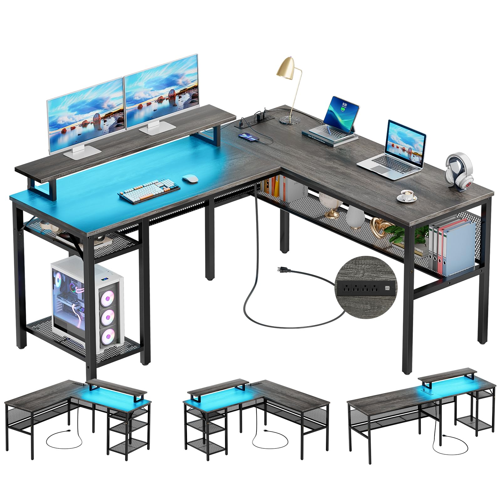 L Shaped Computer Desk with Power Outlets & LED Light - 55 Inch Corner Office Desk with Monitor Stand & Storage - Reversible Gaming Desk in Black Oak - Perfect for Home Office, Gaming Setup & Small Spaces