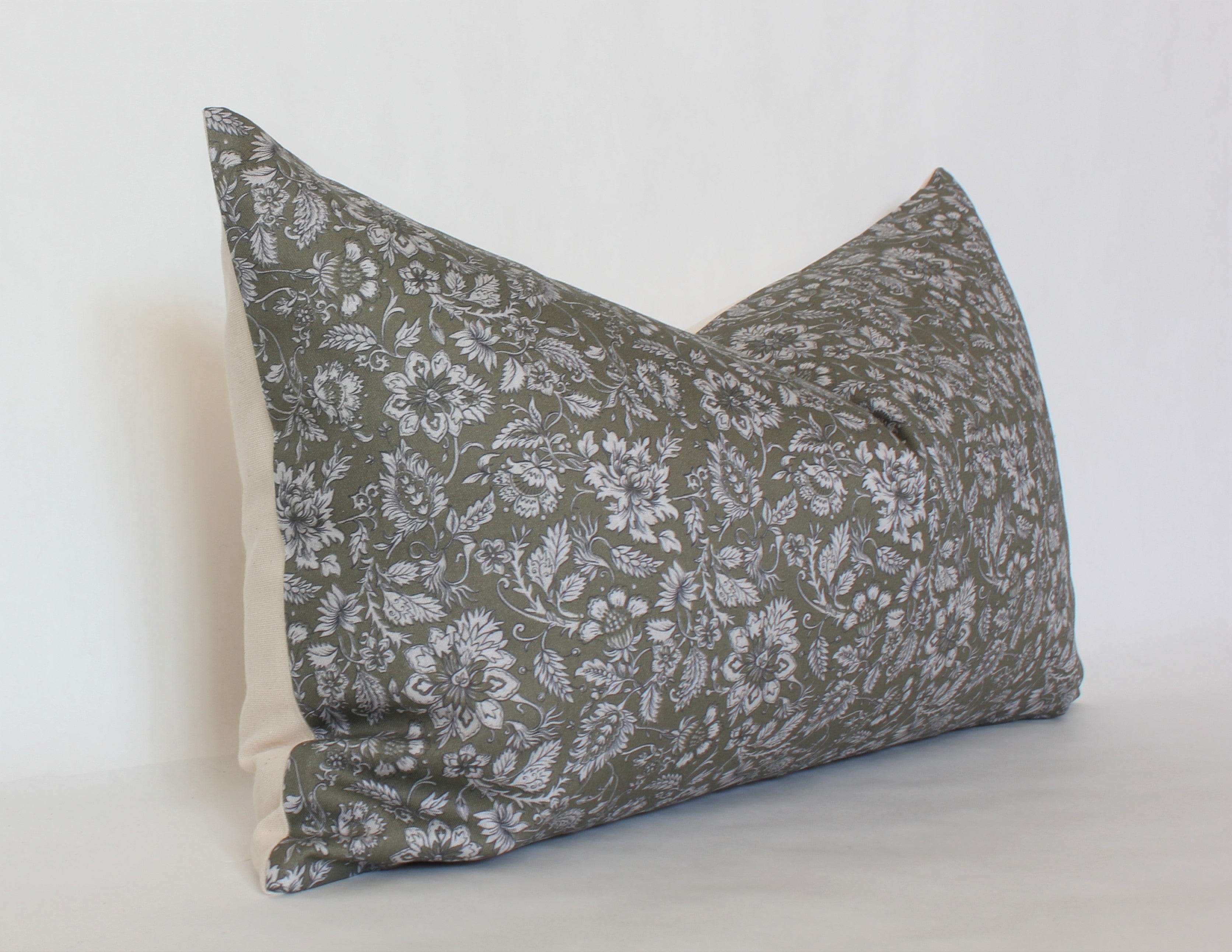 Olive Green Floral Lumbar Pillow Cover - Decorative Cushion Case for Sofa, Bed & Home Decor - 18x12 Inches