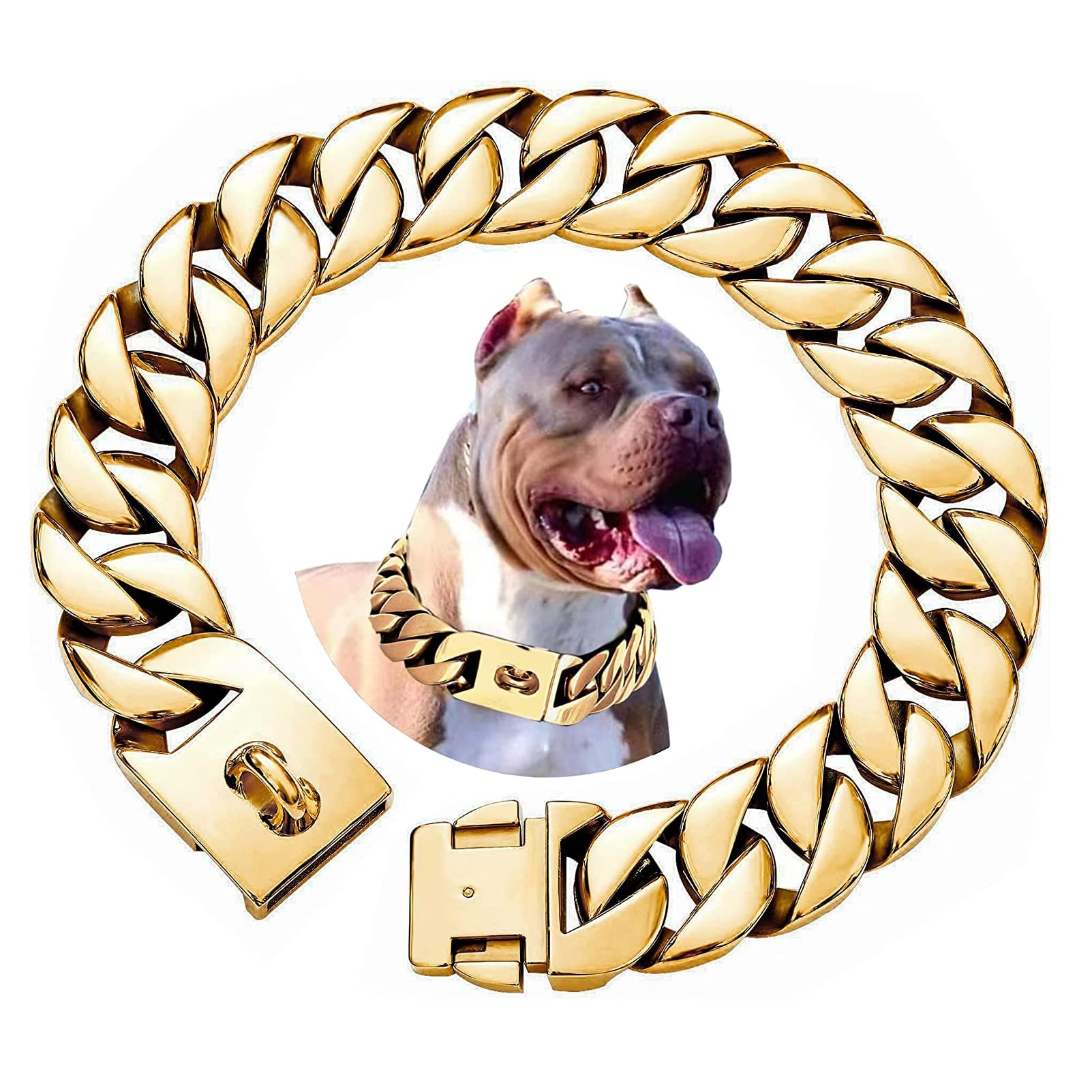 32MM Thick Heavy Duty Cuban Link Dog Collar - Solid Stainless Steel Gold Chain Collar with Buckle for Large Breeds | Durable Metal Dog Collar for Training, Walking & Protection