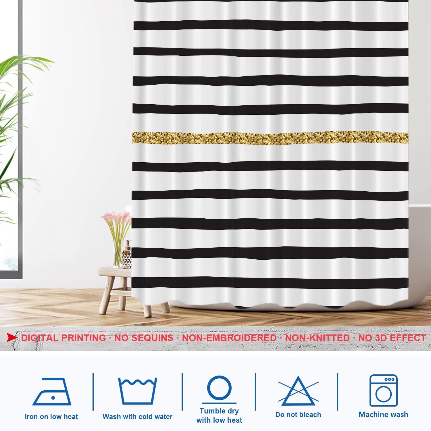 Shrahala Black White Gold Geometric Abstract Shower Curtain - Waterproof Bathroom Decor with Grommets 72x72 Inch - Perfect for Modern, Boho & Luxury Bathroom Styles