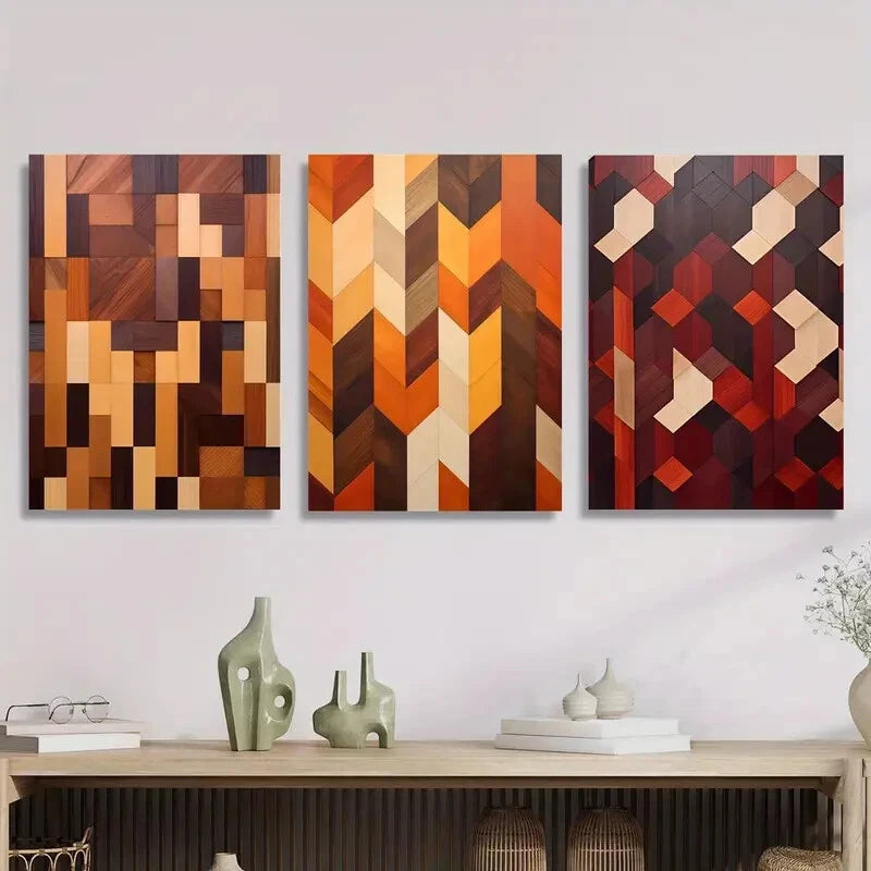 3-Piece Geometric Shapes Wood Texture Metal Wall Art - Minimalist Modern Decor for Living Room, Bedroom & Office - Ready to Hang Home Decor