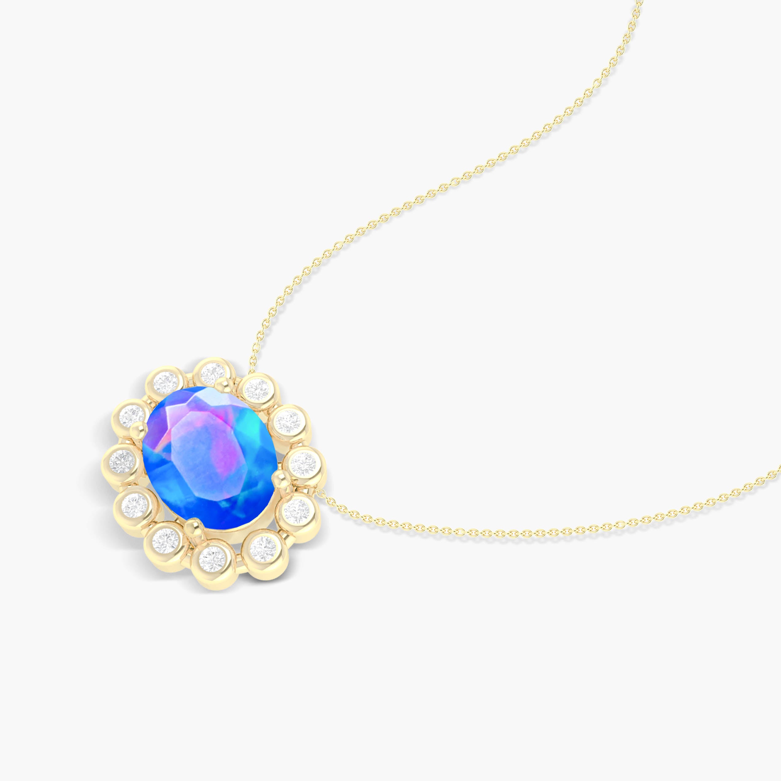 Exquisite Bezel Set Blue Opal & Zircon Oval Pendant Necklace – Perfect for Weddings, Parties & Special Occasions