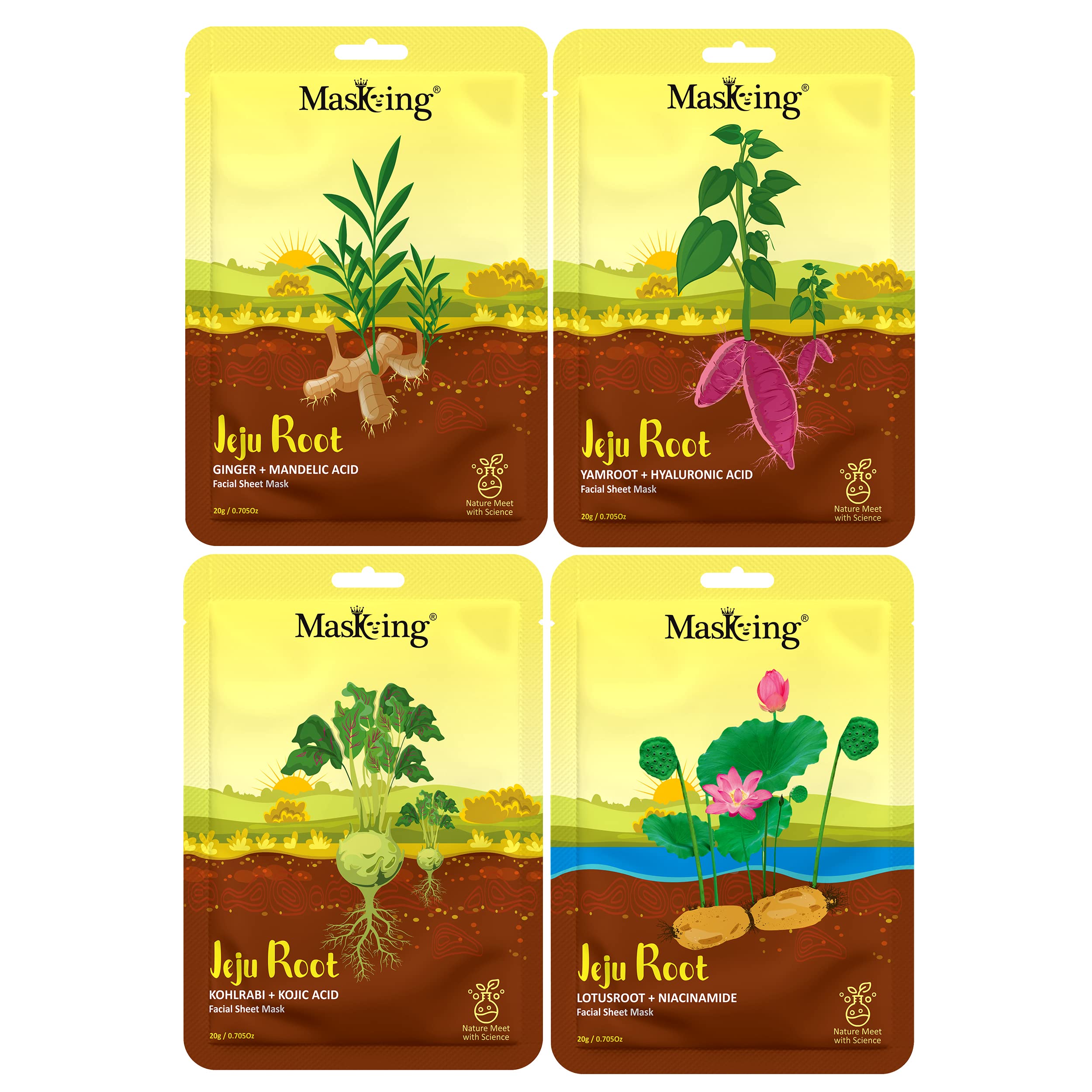 Jeju Root Facial Sheet Mask Set - 4 Pack | Hydrating & Cleansing Face Serum Mask for Women | Korean Skincare for Dry & Sensitive Skin | Perfect for Daily Use, Spa Day & Travel