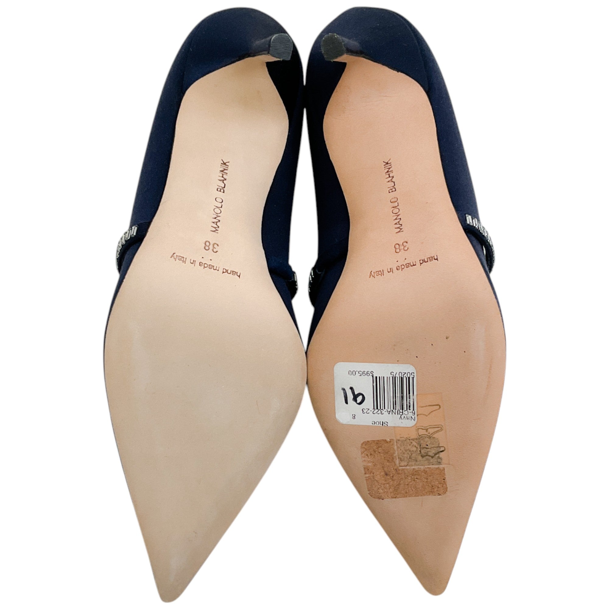 Manolo Blahnik Navy Blue Satin Crystal Embellished Mary Jane Pumps - Elegant Women's Dress Shoes for Weddings, Parties & Formal Events