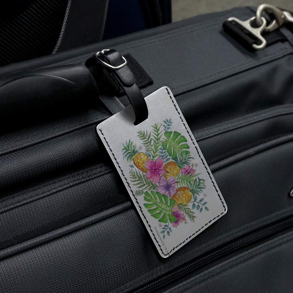 Stylish Rectangle Leather Luggage Tag with Tropical Hibiscus & Pineapple Design - Perfect for Travel ID Cards, Passport Holders & Suitcase Identification