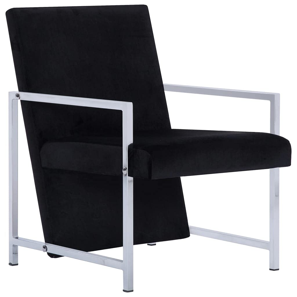 Modern Black Velvet Armchair with Chrome Feet - Sturdy Luxury Club Chair for Living Room & Bedroom | French Sofa Cube Seating Furniture | Perfect for Lounging, Reading Nooks & Home Offices
