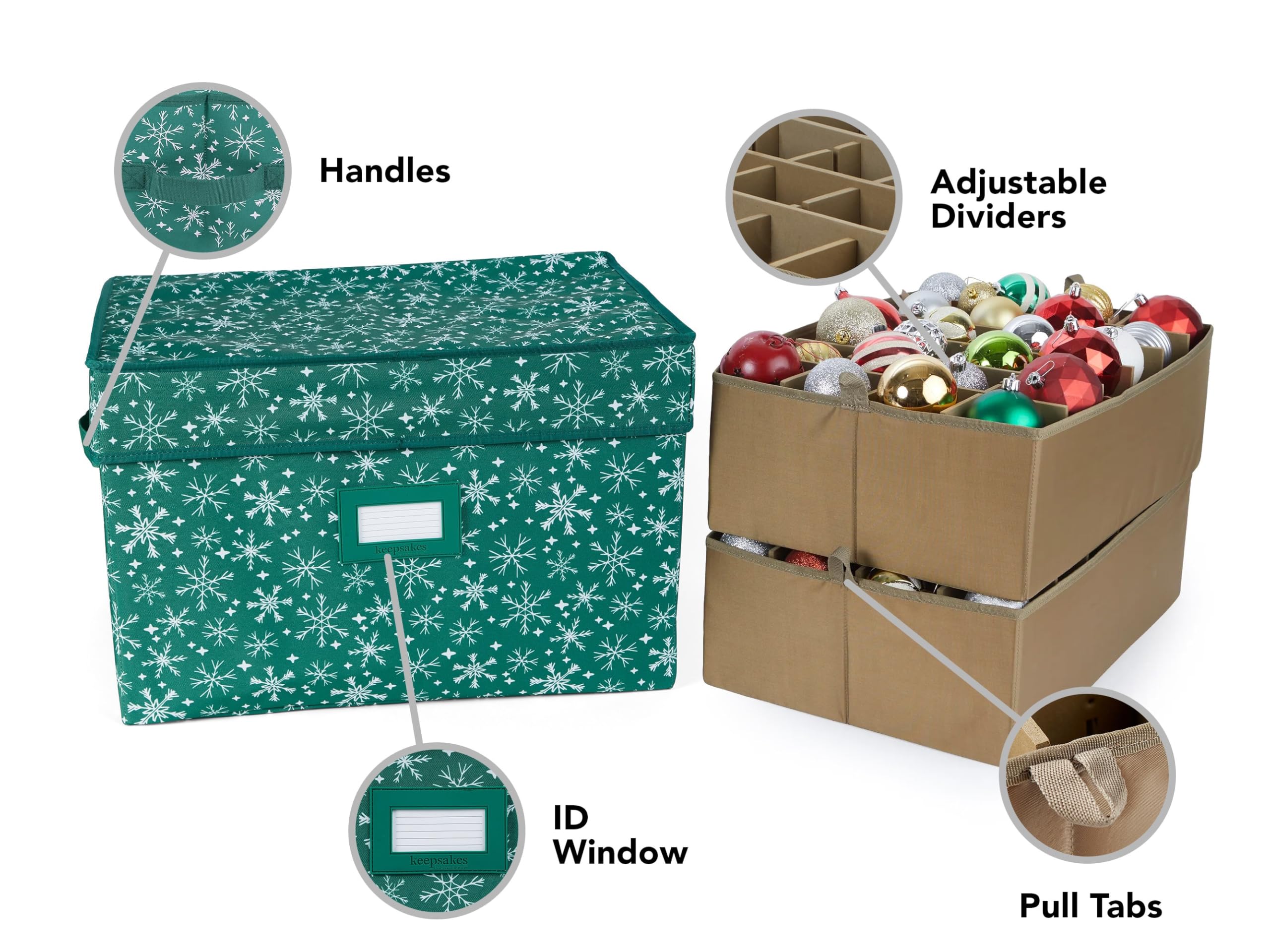 Covermates Keepsakes Adjustable Ornament Storage Box with Carrying Handles & Padded Protection - Holiday Decoration Organizer for Christmas Tree Ornaments (Green Snowflake Design) - Perfect for Seasonal Storage & Home Organization