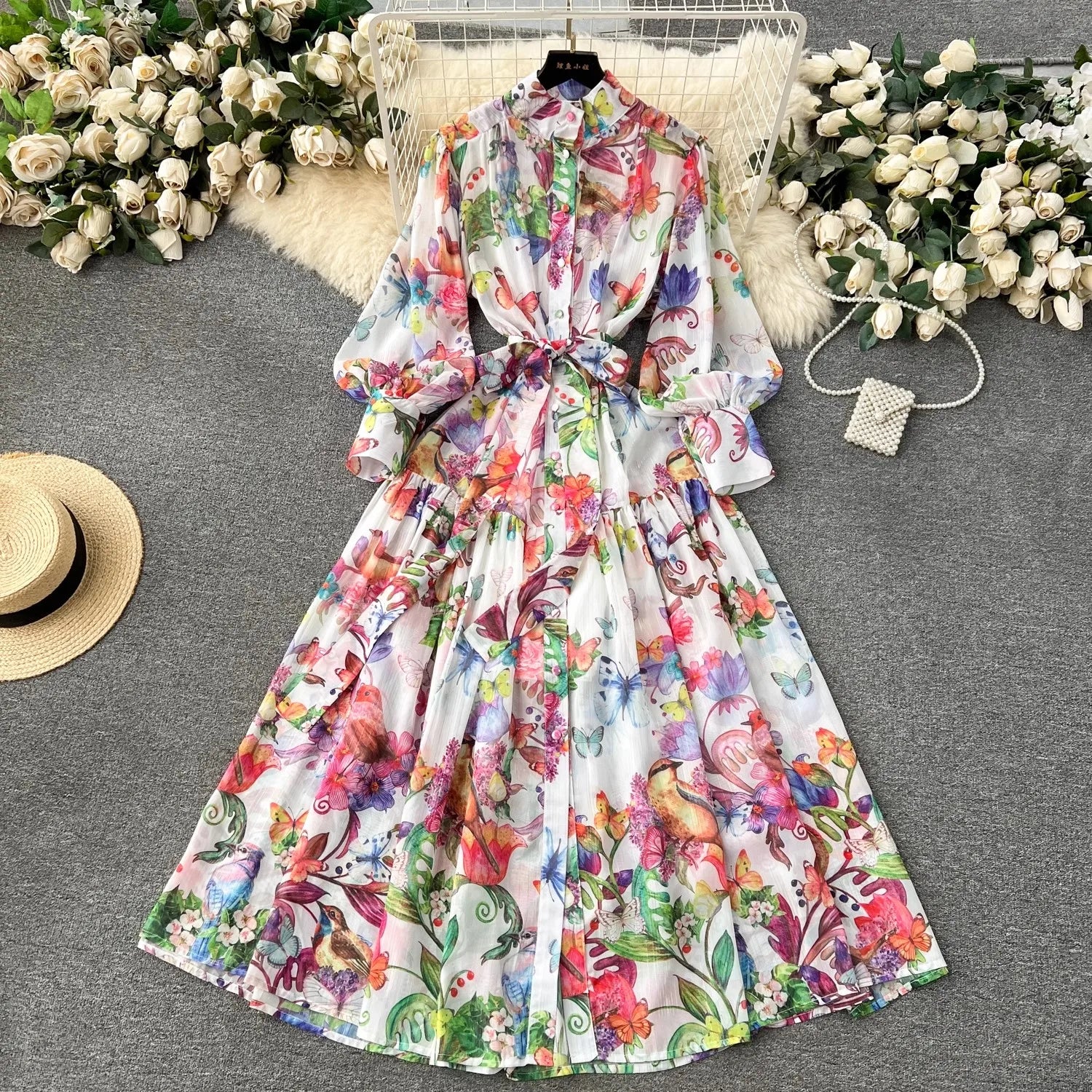 Bohemian Floral Chiffon Summer Dress for Women - Elegant Lantern Sleeve & Belted Waist - Beach Holiday Maxi Dress - Perfect for Vacations, Weddings & Boho Fashion Outfits