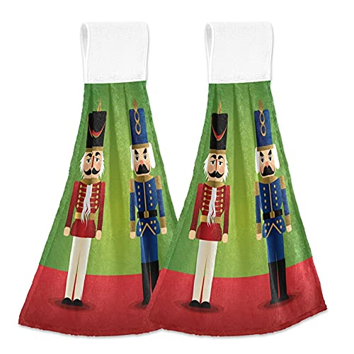 Christmas Nutcracker Kitchen Towels Set of 2 - Red & Green Holiday Hand Towels with Hanging Loop, Super Soft Absorbent Coral Velvet for Bathroom, Dish Drying & Oven Handle - Perfect for Holiday Decor & Kitchen Use