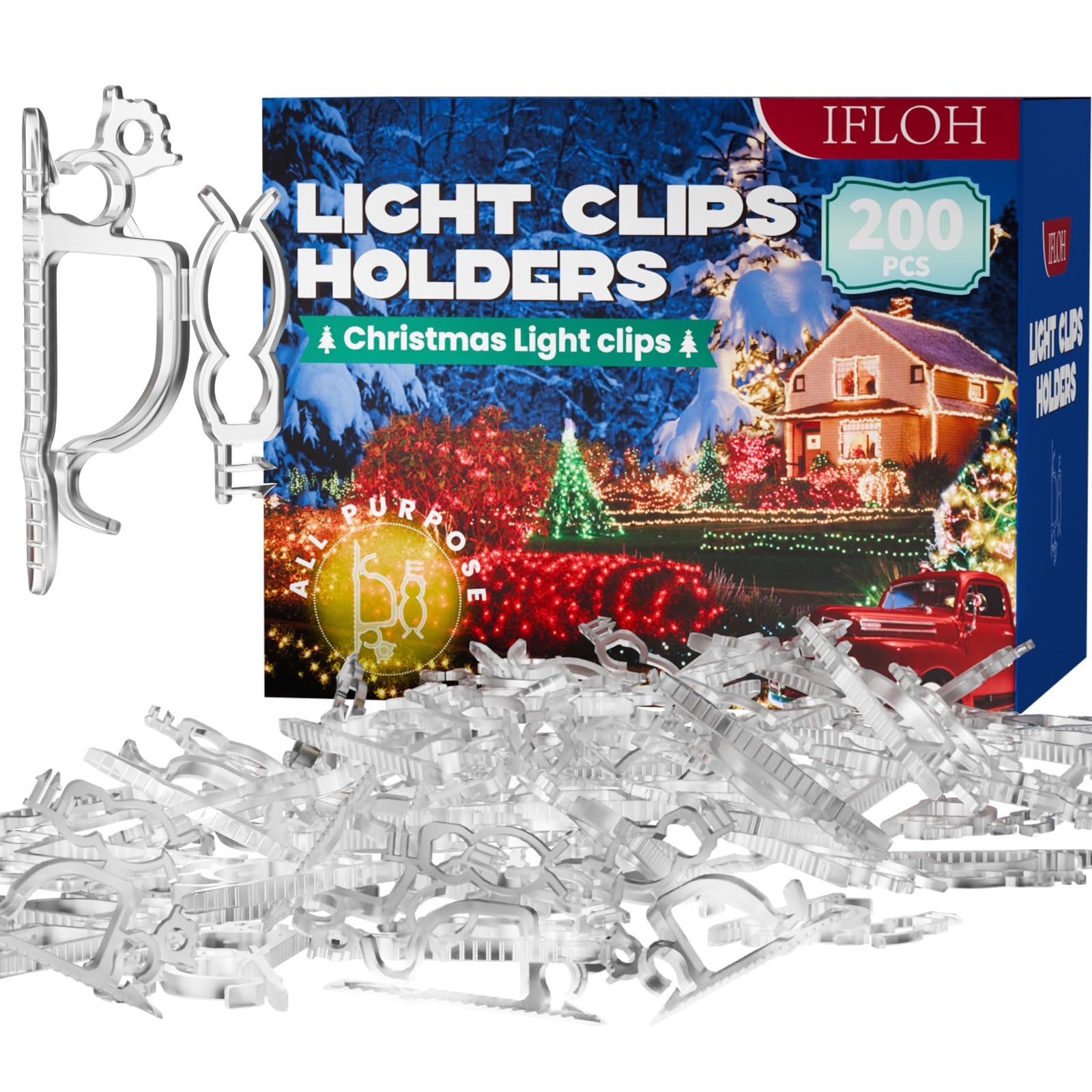 200-Pack Christmas Light Clips for Outdoor Holiday Decorations - Shingle & Gutter Mounting Clips for Mini, C6, C7, C9, Rope & Icicle Lights - No Tools Needed - Perfect for Roof, Fence & Window Decorations