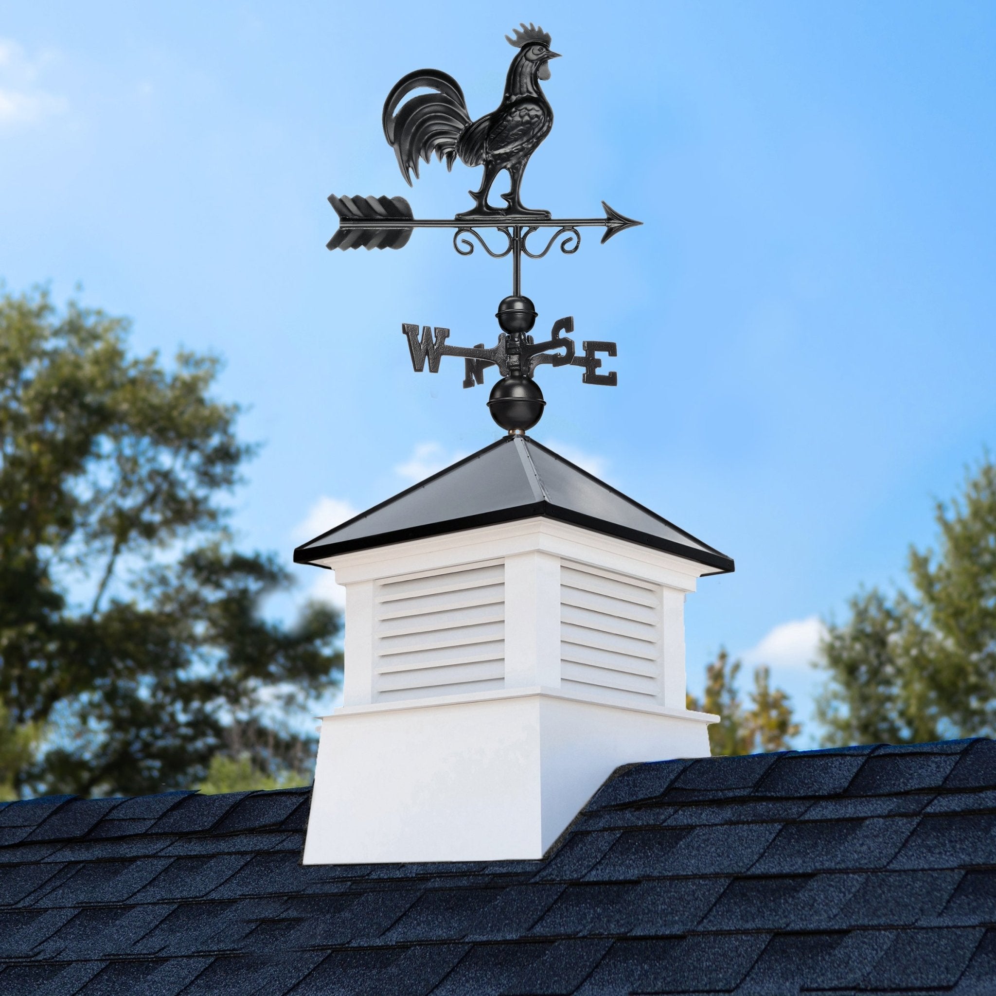 18 Square Manchester Vinyl Cupola with Black Aluminum Roof & Rooster Weathervane - Perfect for Barn, Shed, or Garage Decoration