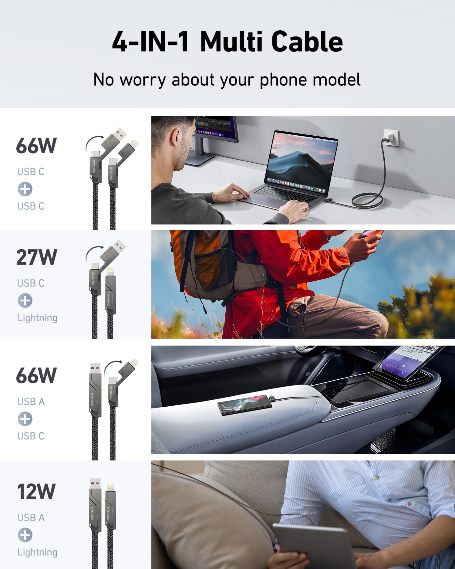 4-in-1 USB C Cable & Lightning Cable 6FT - 60W Fast Charging Cord with Multiple Ports (USB C/USB A/Lightning) - Compatible with iPhone 16/15/14/13/12/Pro & Samsung Galaxy - Perfect for Home, Office & Travel Charging Needs