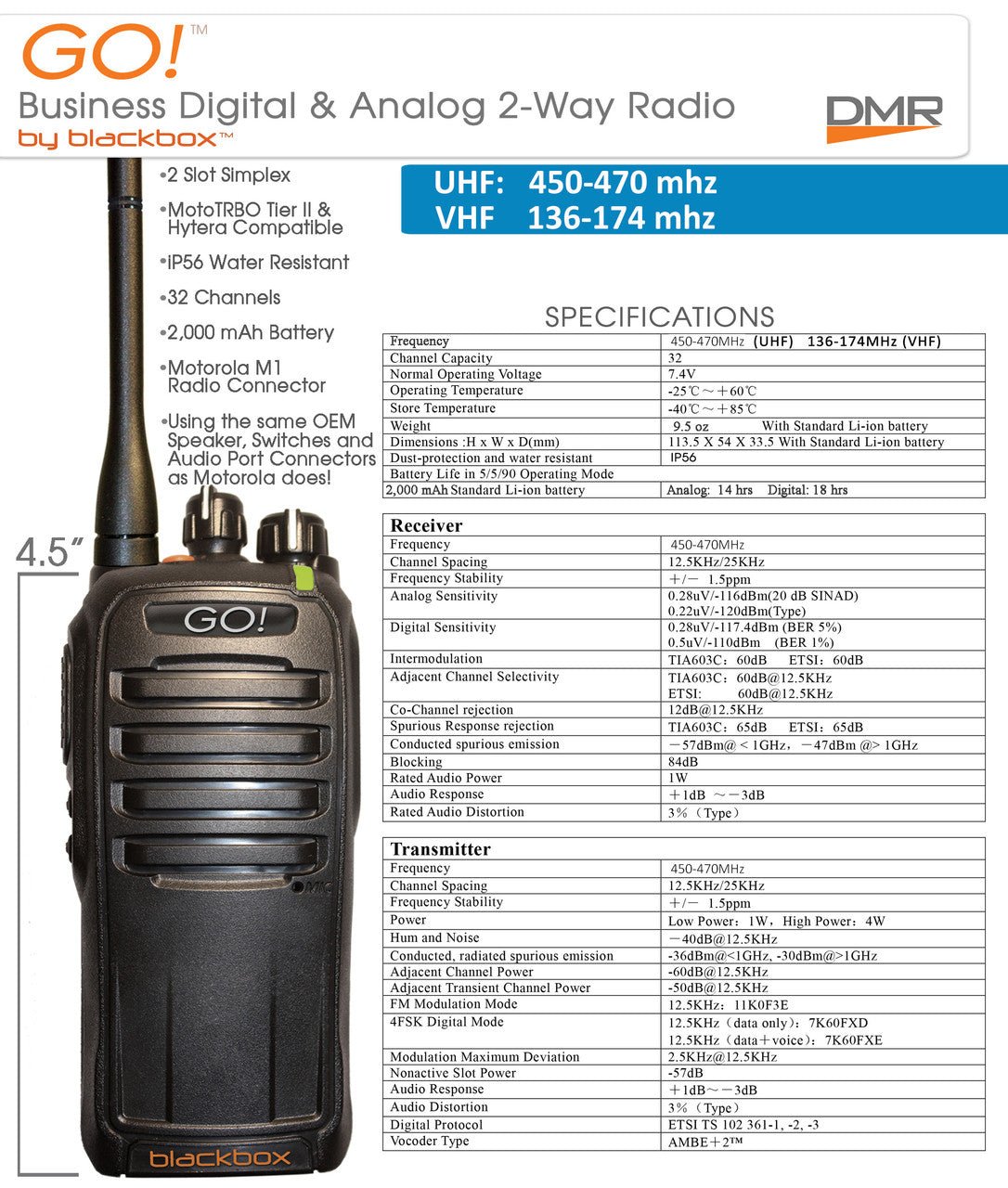 VHF Blackbox GO! Digital & Analog 2 Way Radio - Long Range Walkie Talkie for Outdoor Adventures, Construction Sites & Emergency Communication